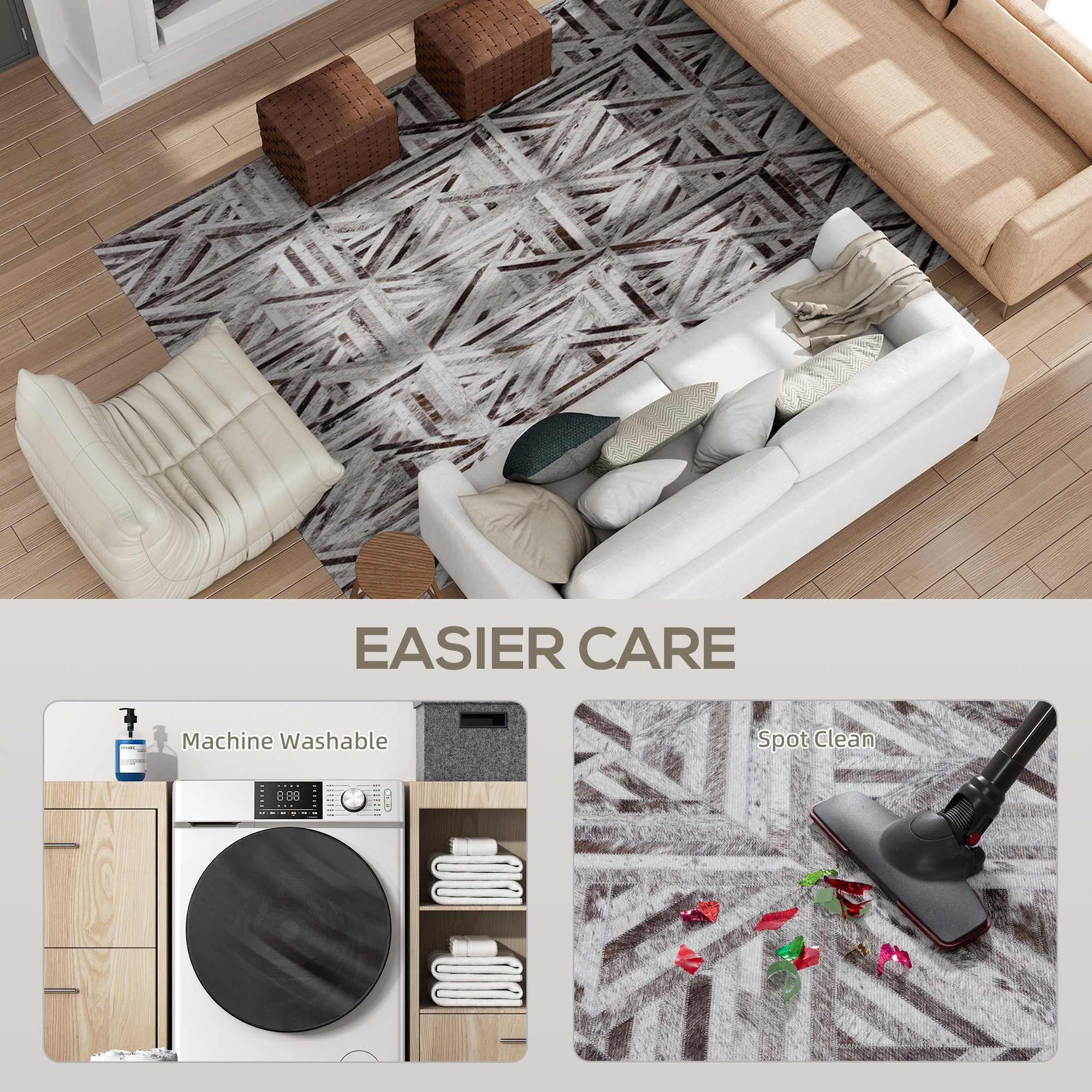 Kozy - Modern Area Rug, Triangle Pattern Non-Slip Washable Rug, Chenille Floor Carpet for Living Room, Bedroom, Dining Room, Home Office, 290 x 200 cm, Brown