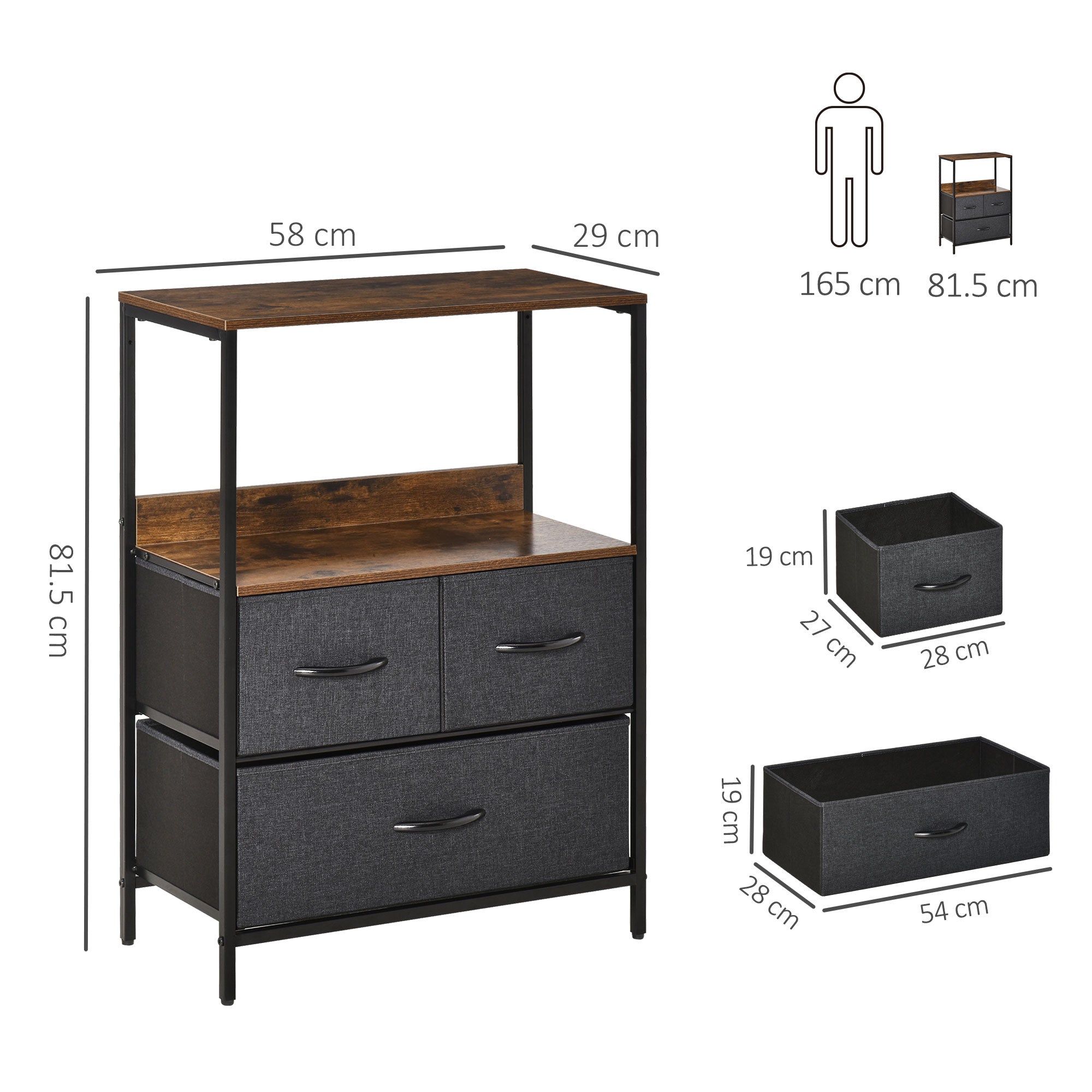 Kozy 3 Drawer Storage Chest Unit Home Cabinet w/ Shelves Home Living Room Bedroom Entryway Living Furniture, Black