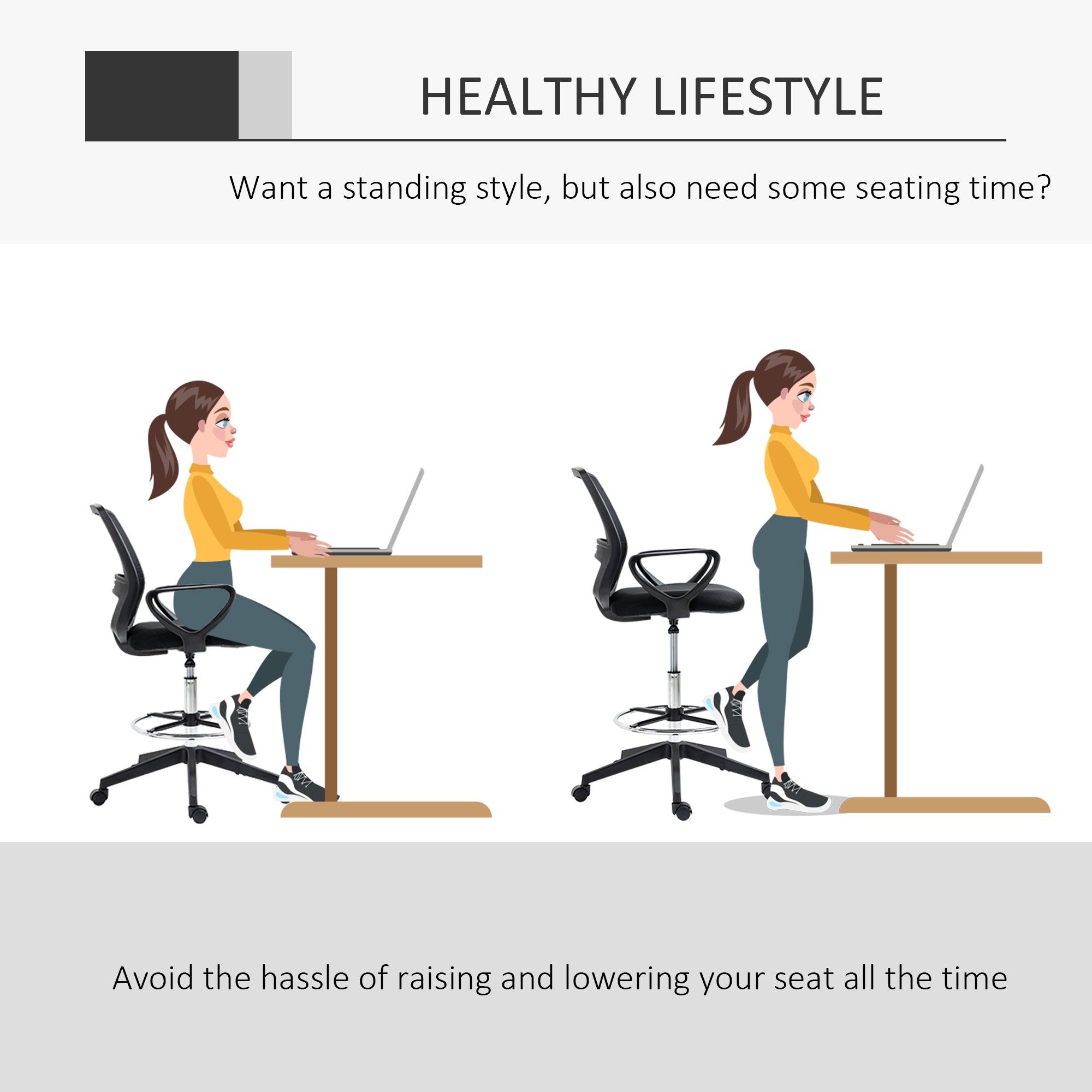 Kozy Drafting Chair, Ergonomic Tall Office Chair with Mesh Back, Lumbar Support, Adjustable Height and Foot Ring, Swivel Wheels, for Standing Desk, Black