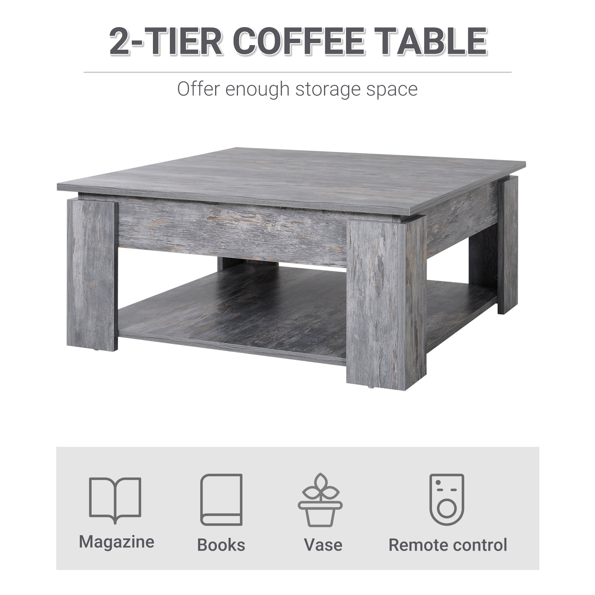 Kozy 2 Tier Wood Coffee Table Side Table Bottom Storage Shelf  Simple Modern Living Room Grey Wood Grain