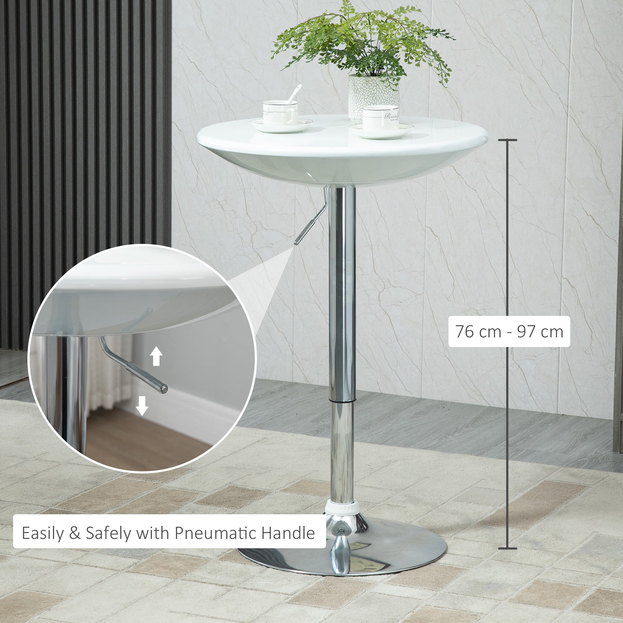 Kozy Modern Round Bar Table Adjustable Height Home Pub Bistro Desk Swivel Painted Top with Silver Steel Leg and Base, White