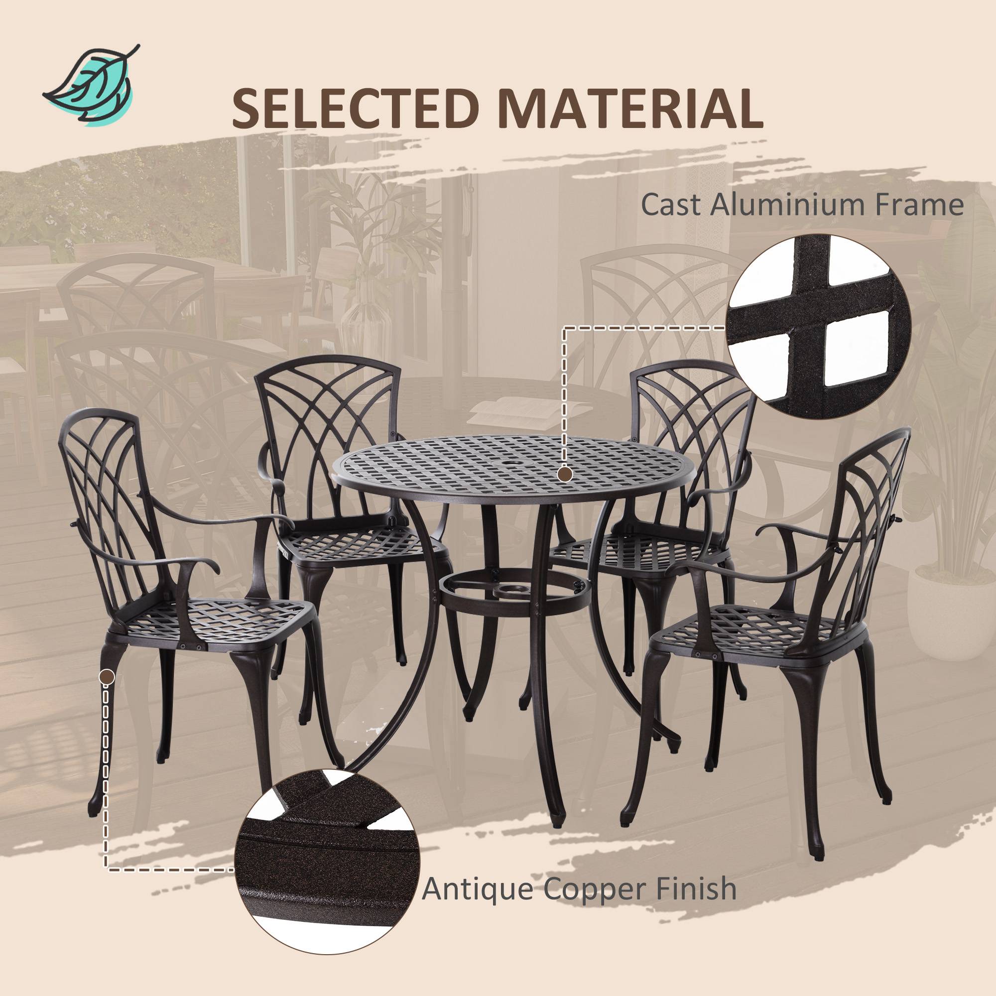 Kozy 5 Pieces Garden Dining Set for 4, Cast Aluminium Outdoor Dining Set with 4 Armchairs and Round Dining Table with Parasol Hole, Garden Furniture Set, Brown