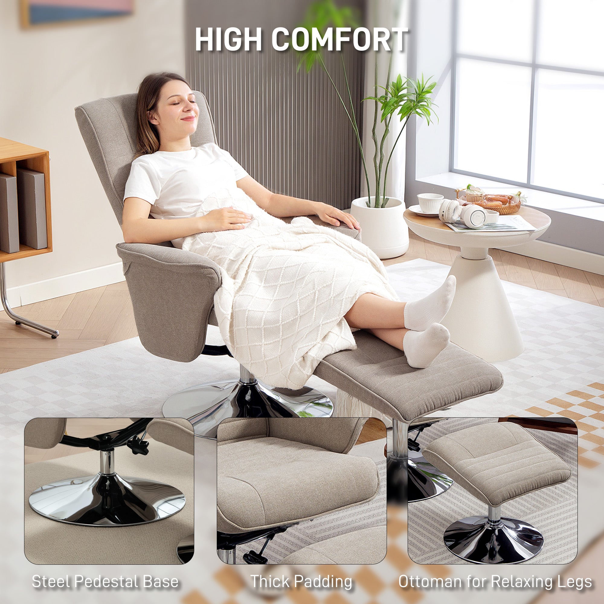 Kozy - Swivel Recliner Chair with Footstool, Velvet Recliner Armchair with Ottoman, Steel Base, Upholstered Reclining Chair for Living Room, Bedroom, Office, Beige