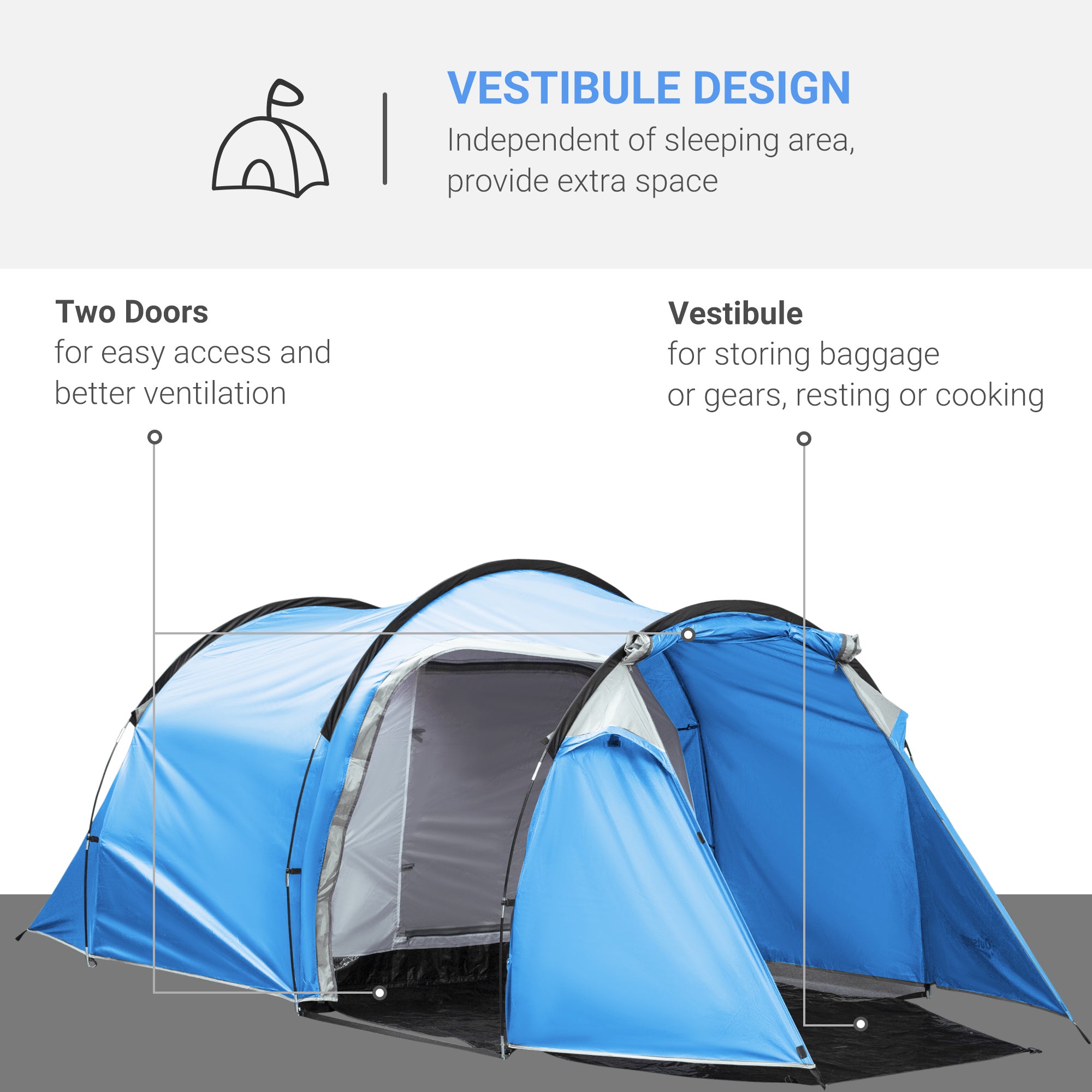 Kozy 2-3 Man Tunnel Tent with Vestibule, Weather-Resistant Camping Tent with Air Vents for Fishing Hiking, Light Blue & Grey
