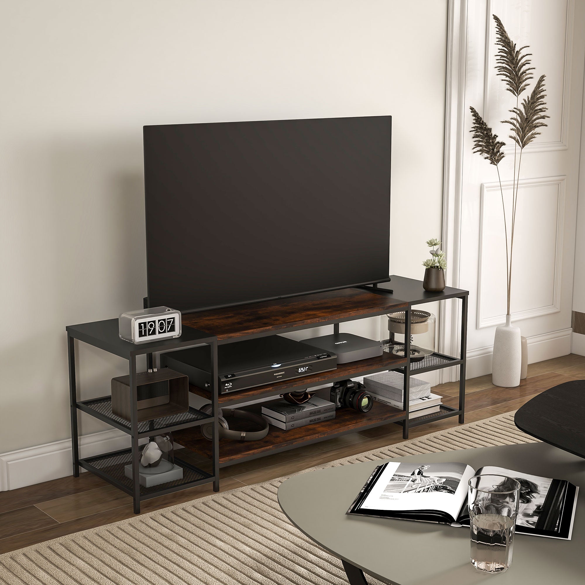 Kozy TV Unit Cabinet for TVs up to 60 Inches, Industrial TV Stand with Storage Shelves for Living Room, Brown and Black