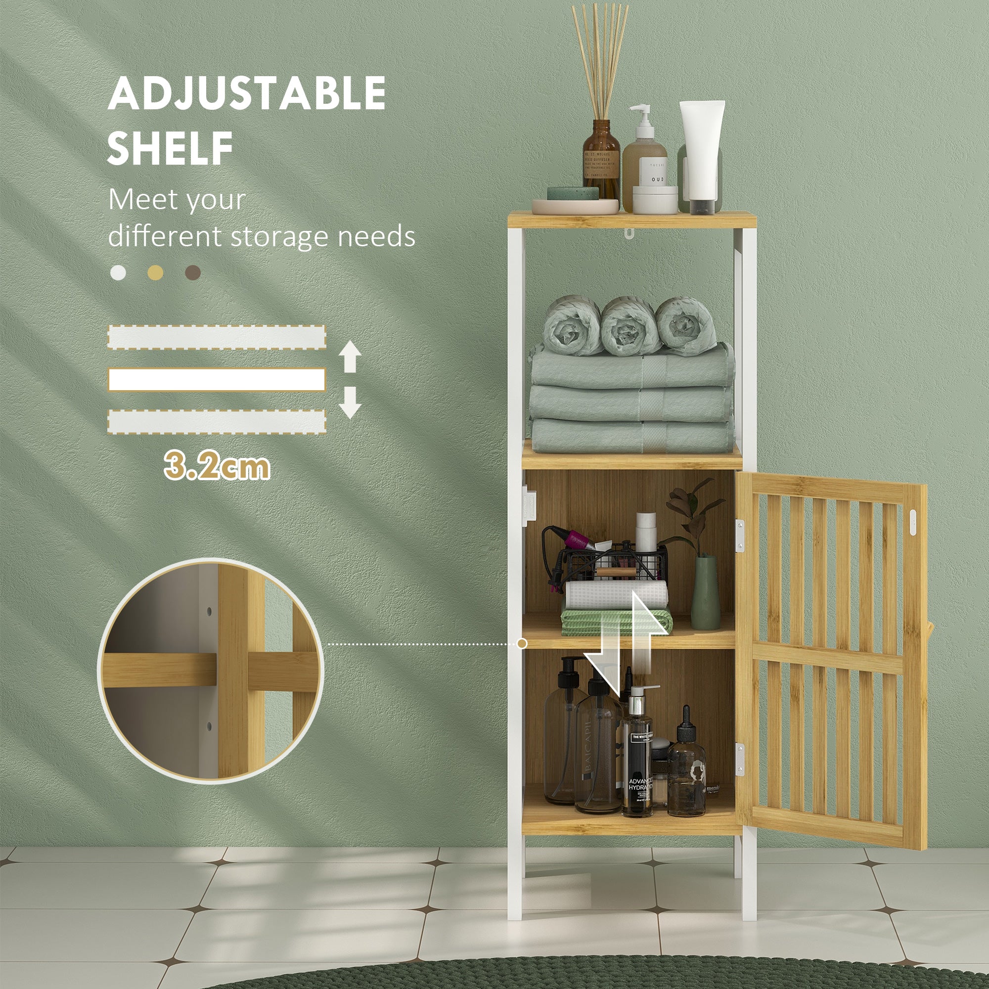 Bamboo-Blend Retro Cut-Out Bathroom Storage Unit, with Cupboard