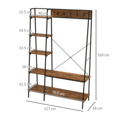 HOMCOM Hallway Unit, Free Standing Hall Tree w/ 2 Tier Shoe Rack, 5 Hooks, 5 Side Shelves & Steel Frame, Industrial Design, Brown, 117 x 38 x 169cm