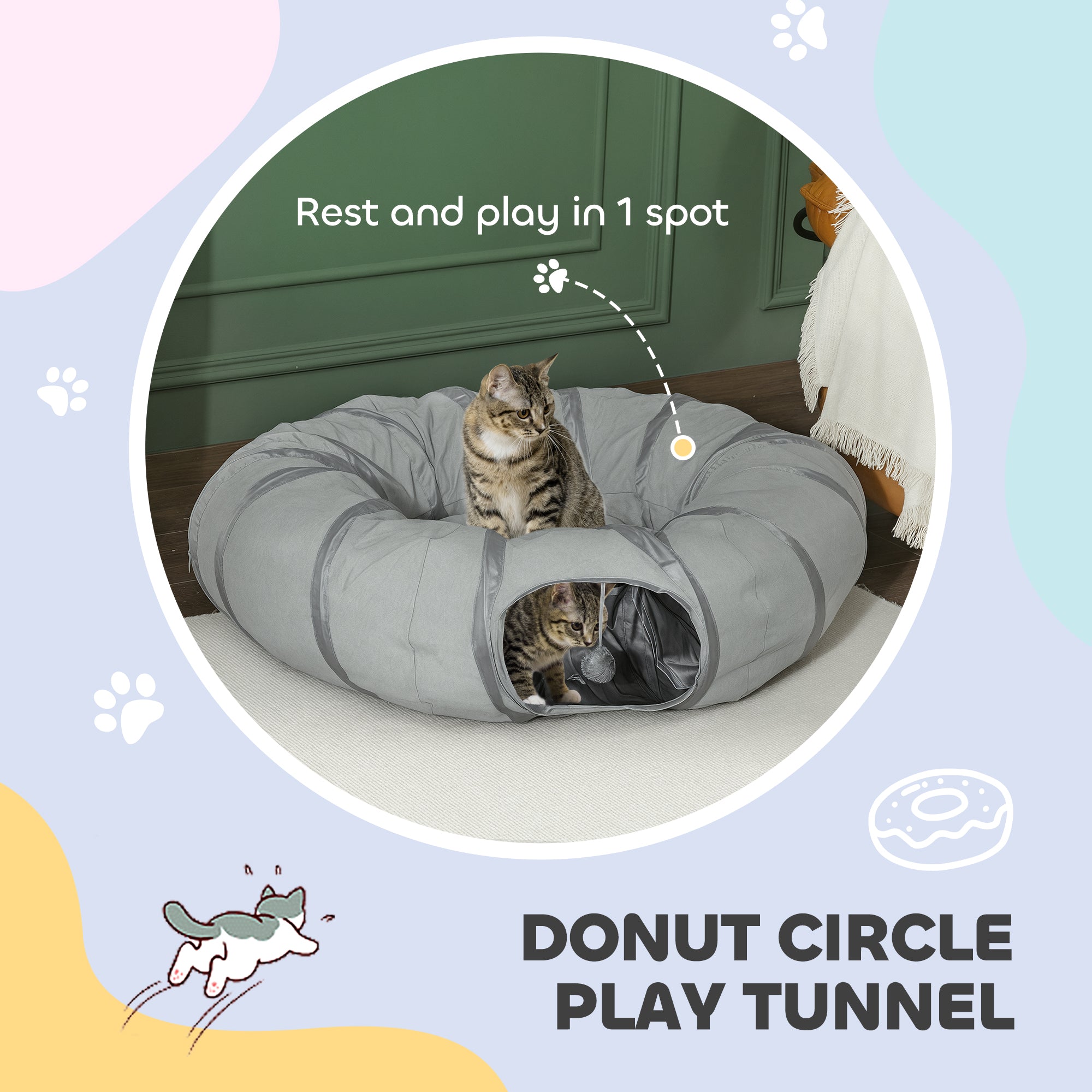 Kozy - 2 in 1 Cat Tunnel with Bed, Cat Play Tunnel with Ball & Peek Hole for Indoor Cats, Grey