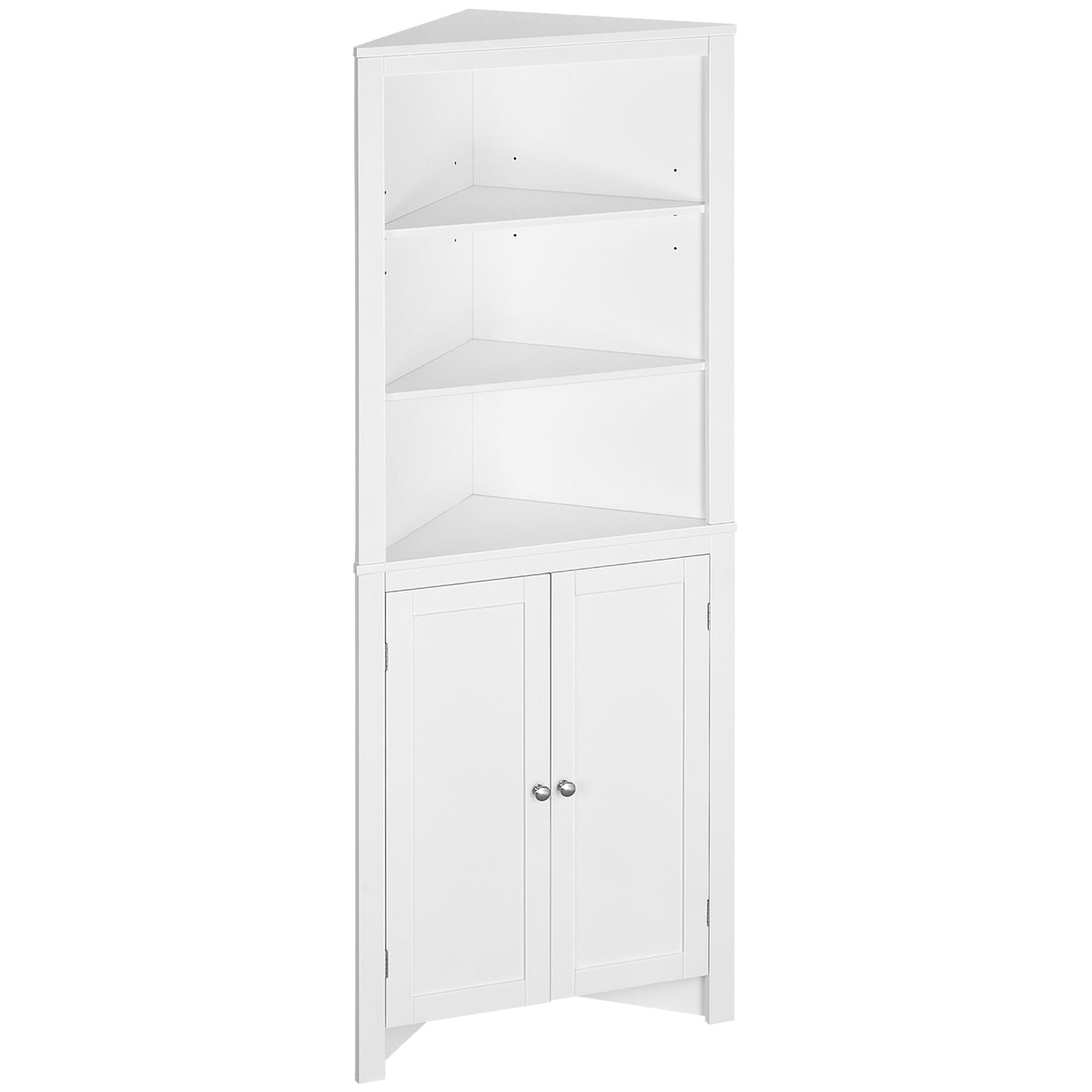 Kozy Triangle Bathroom Cabinet, Corner Bathroom Storage Unit with Cupboard and 3-Tier Shelves, Free Standing, White