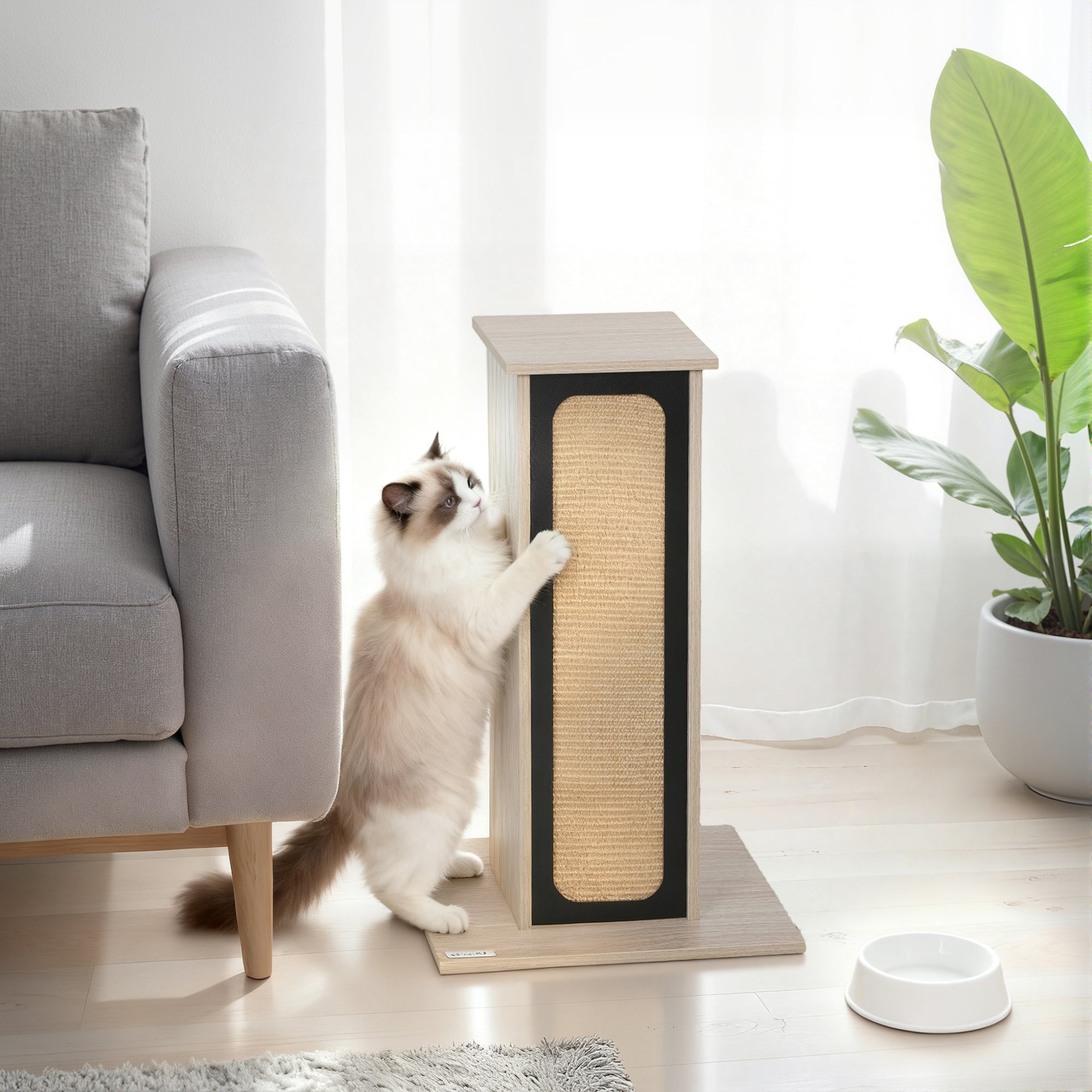 Kozy 63cm Cat Scratching Post, Cat Scratcher with Replaceable Scratching Board, Top Perch, Sisal Scratch Mat, Oak