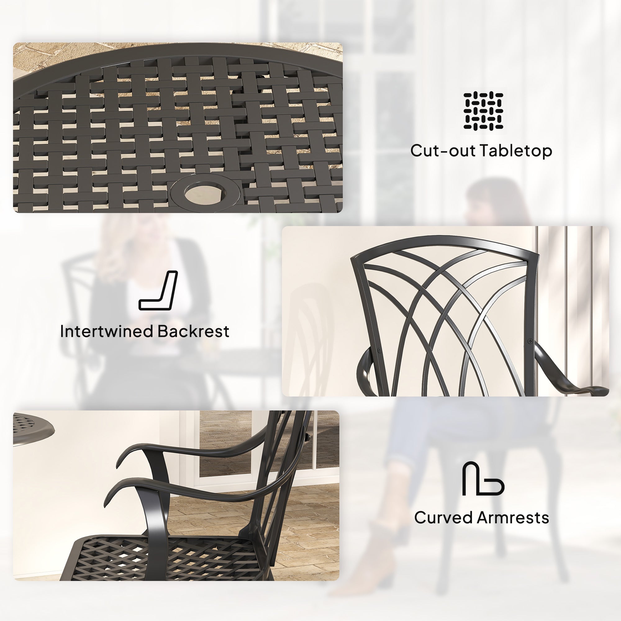 Kozy 3 Pieces Garden Dining Set for 2, Cast Aluminium Outdoor Dining Set with 2 Armchairs and Round Dining Table with Parasol Hole, Garden Furniture Set, Brown