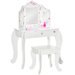 Kozy Kids Vanity Table and Chair Set with Tri-Folding Mirror and Stool, Makeup Dressing Table with Drawer, White