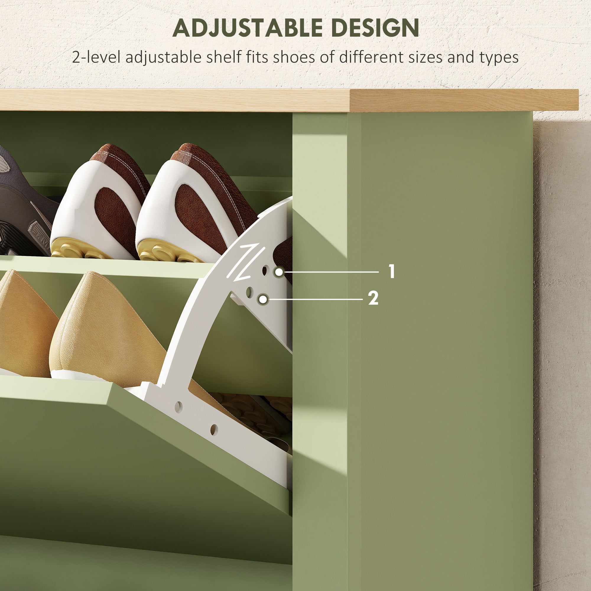 Kozy - Slim Shoe Cabinet, Narrow Shoe Cupboard with 2 Flip Drawers, Adjustable Shelves for 12 Pairs of Shoes, Green