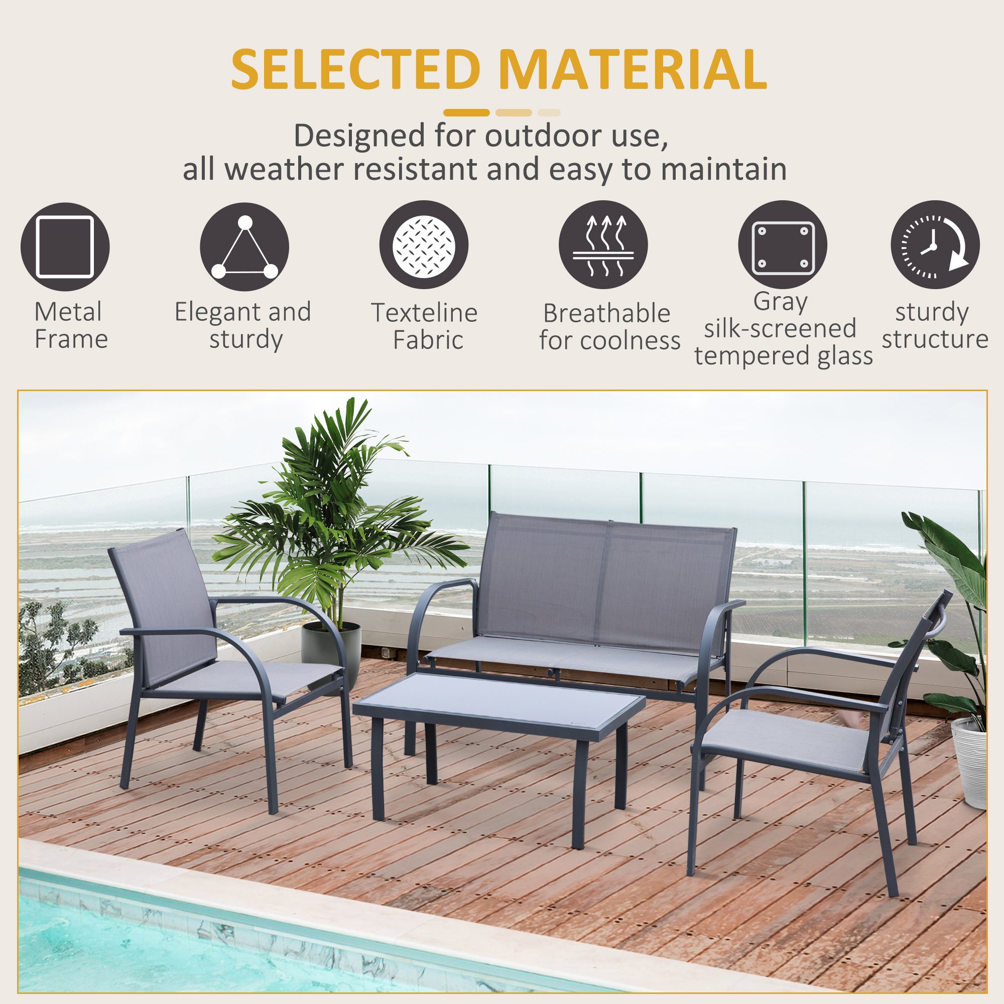 Outsunny 4 pcs Curved Steel Patio Furniture Set w/ Loveseat, Texteline Seats, Glass Top Table For Party Event, Grey