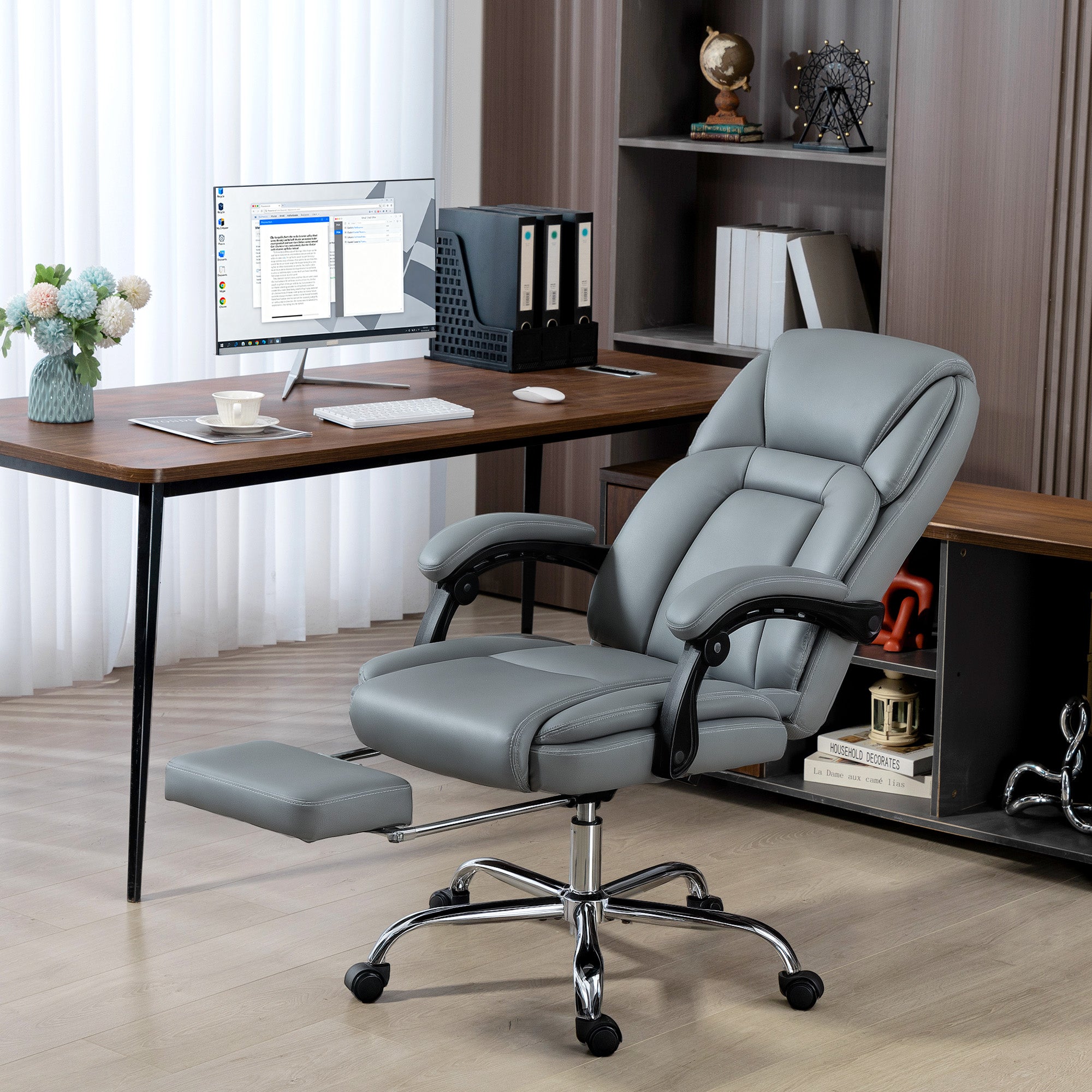 Kozy Faux Leather Reclining Office Chair, with Footrest - Grey