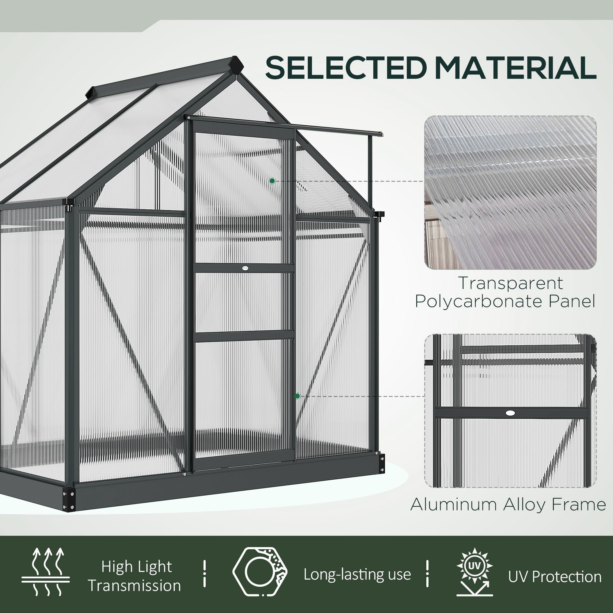 Kozy 6 x 4ft Polycarbonate Greenhouse, Large Walk-In Green House with Slide Door and Window, Garden Plants Grow House with Aluminium Frame and Foundation, Grey