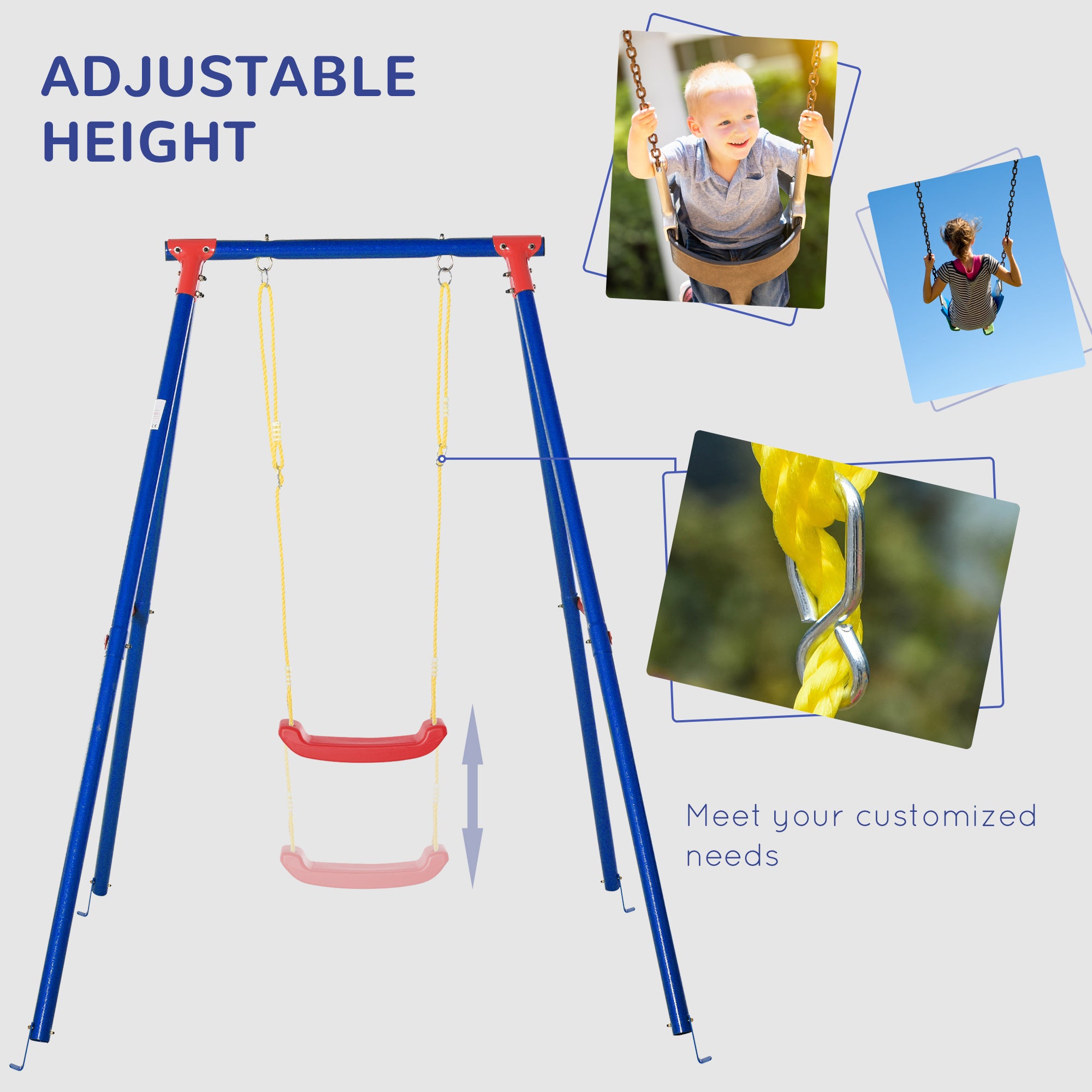 Kozy Kids Swing Set Toddler Swing Adjustable Rope Heavy Duty A-Frame Stand Outdoor Playset for 3-8 Years Old Blue