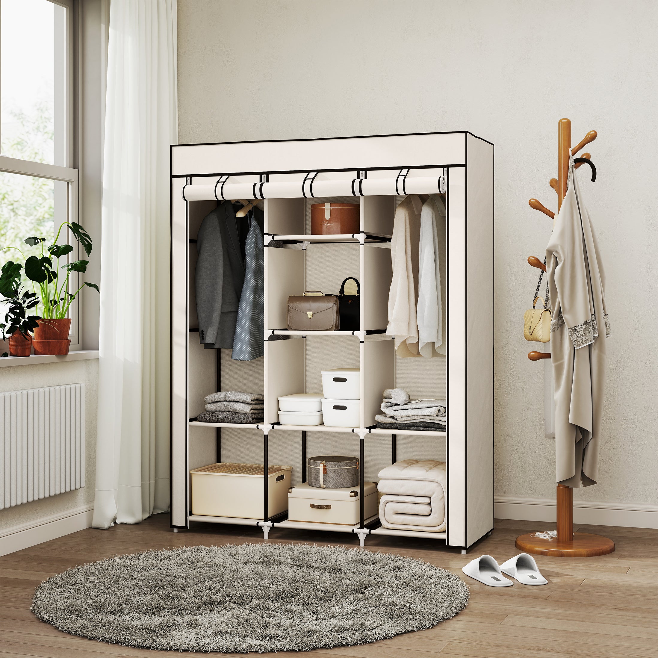 Kozy Fabric Wardrobe, with Rails and Shelves - Cream White