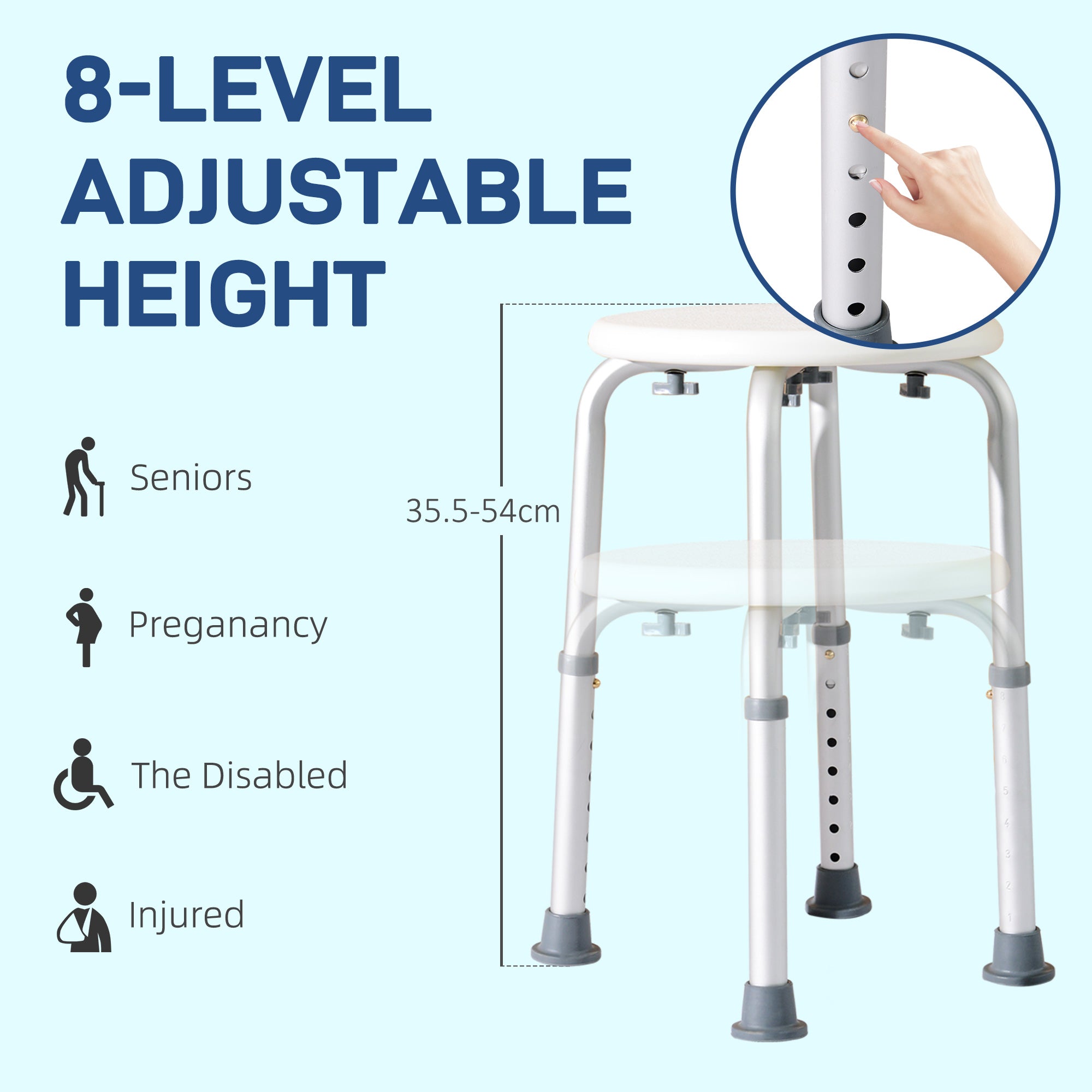 Kozy Shower Chair, Height Adjustable Aluminium Shower Stool with Non-Slip Feet for Disabled, Elderly, White