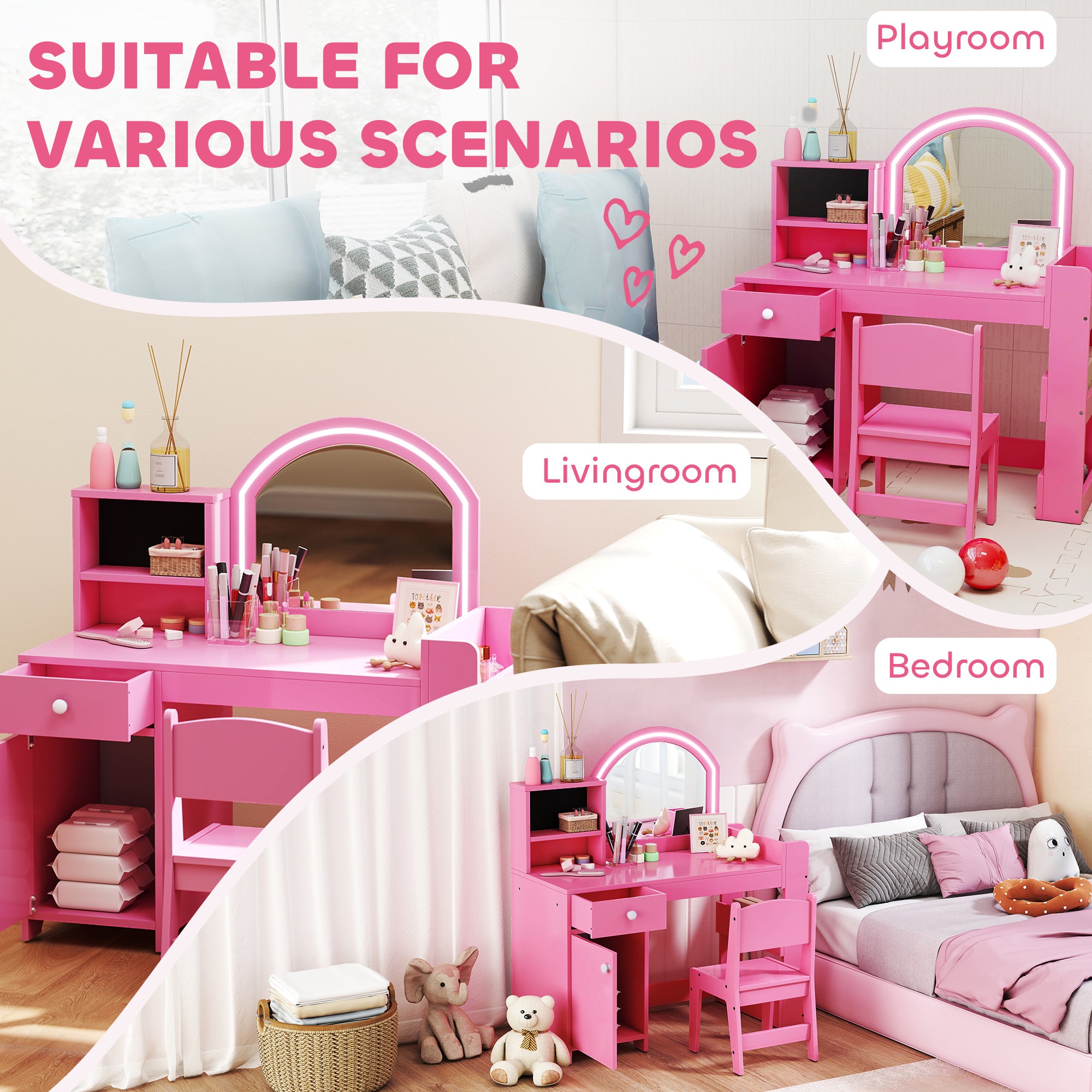 Kozy Kids Vanity Table and Chair Set, Girls Dressing Table with 2-Colour LED Mirror, Stool, Cabinet, Drawer, Shelves, Pink