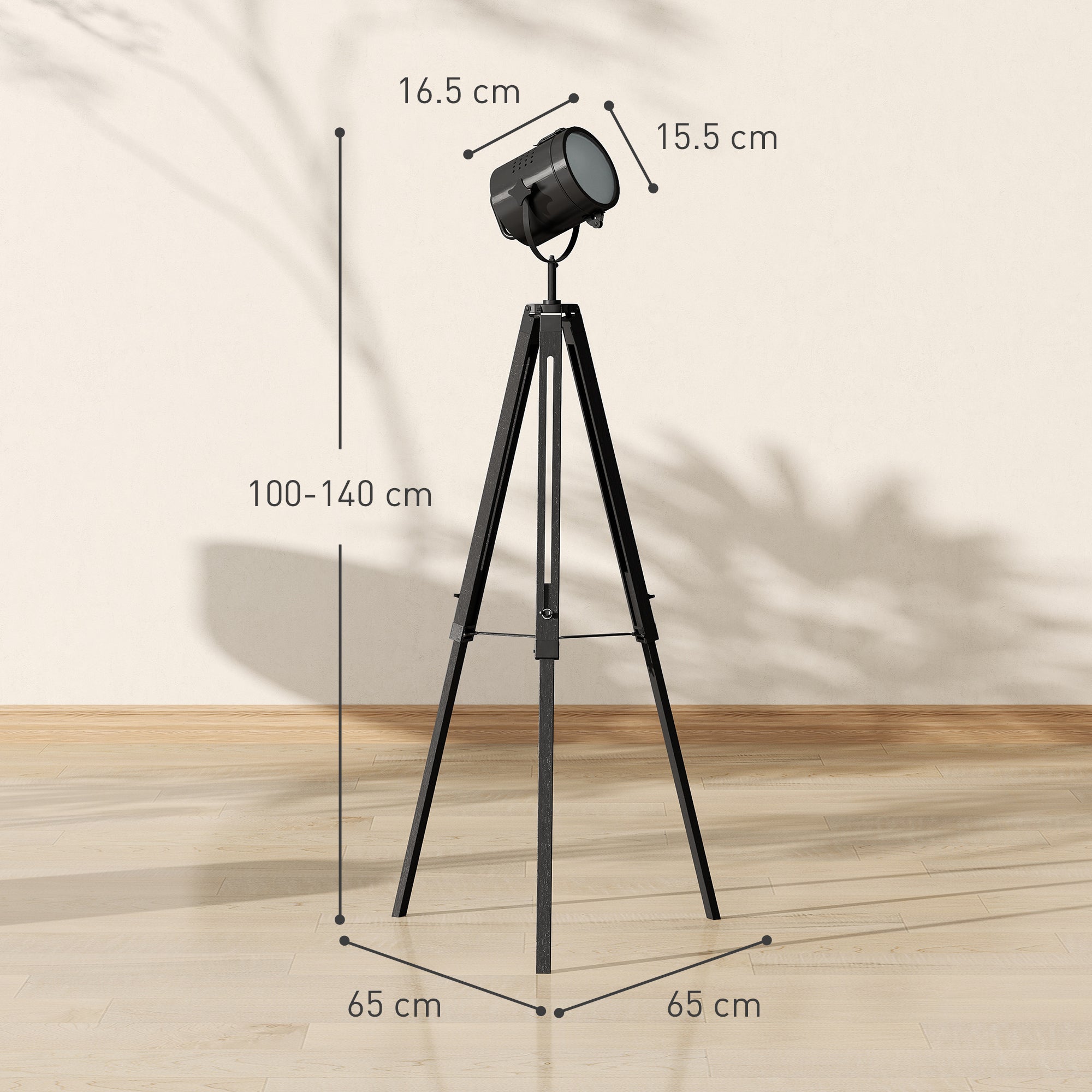 Kozy - Industrial Tripod Floor Lamp, Nautical Searchlight with Adjustable Height, Wood Legs, E14 Lamp Base for Living Room, Bedroom, Black