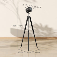 Kozy - Industrial Tripod Floor Lamp, Nautical Searchlight with Adjustable Height, Wood Legs, E14 Lamp Base for Living Room, Bedroom, Black