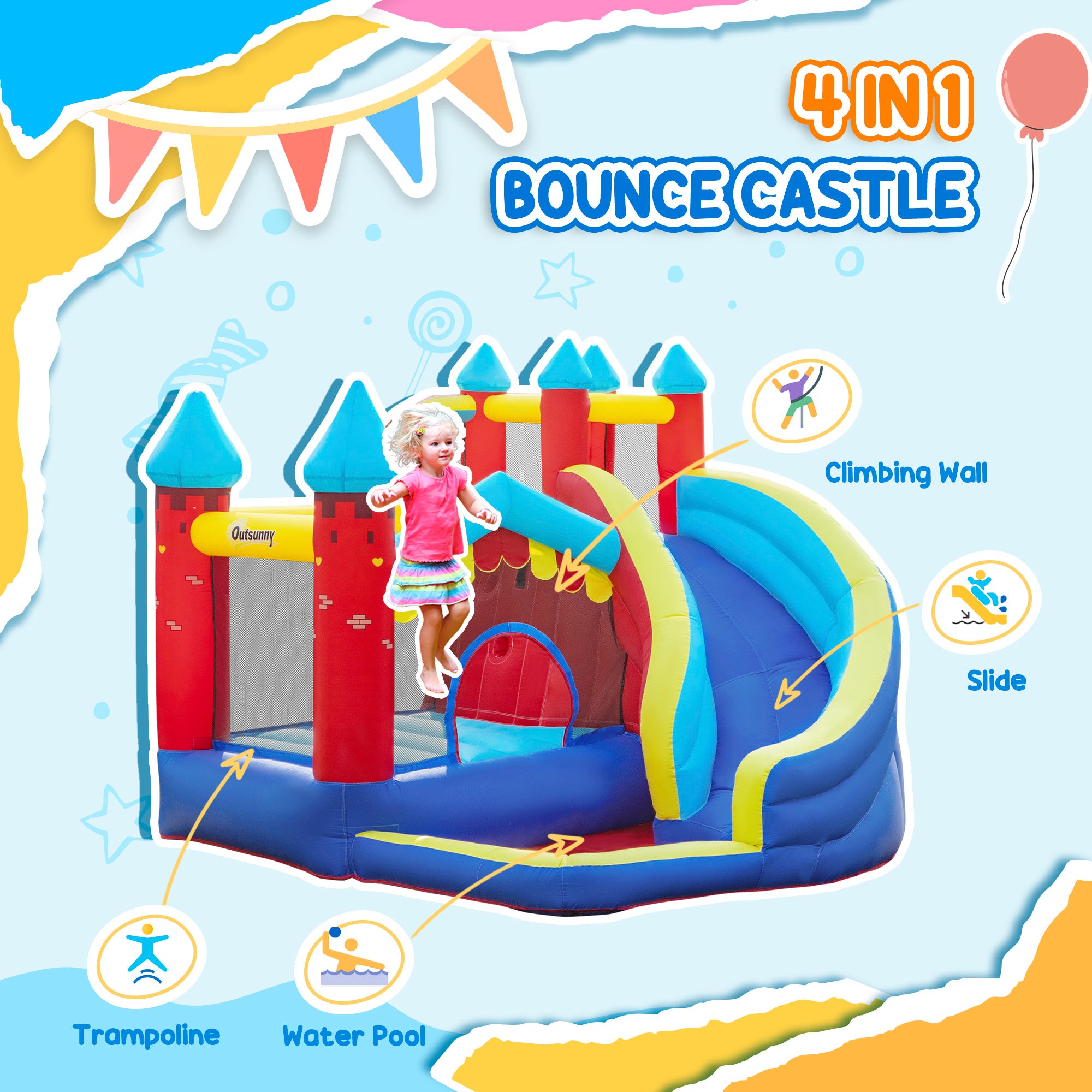 Kozy - Kids Bouncy Castle, with Slide, Pool, Trampoline, Climbing Wall, Blower