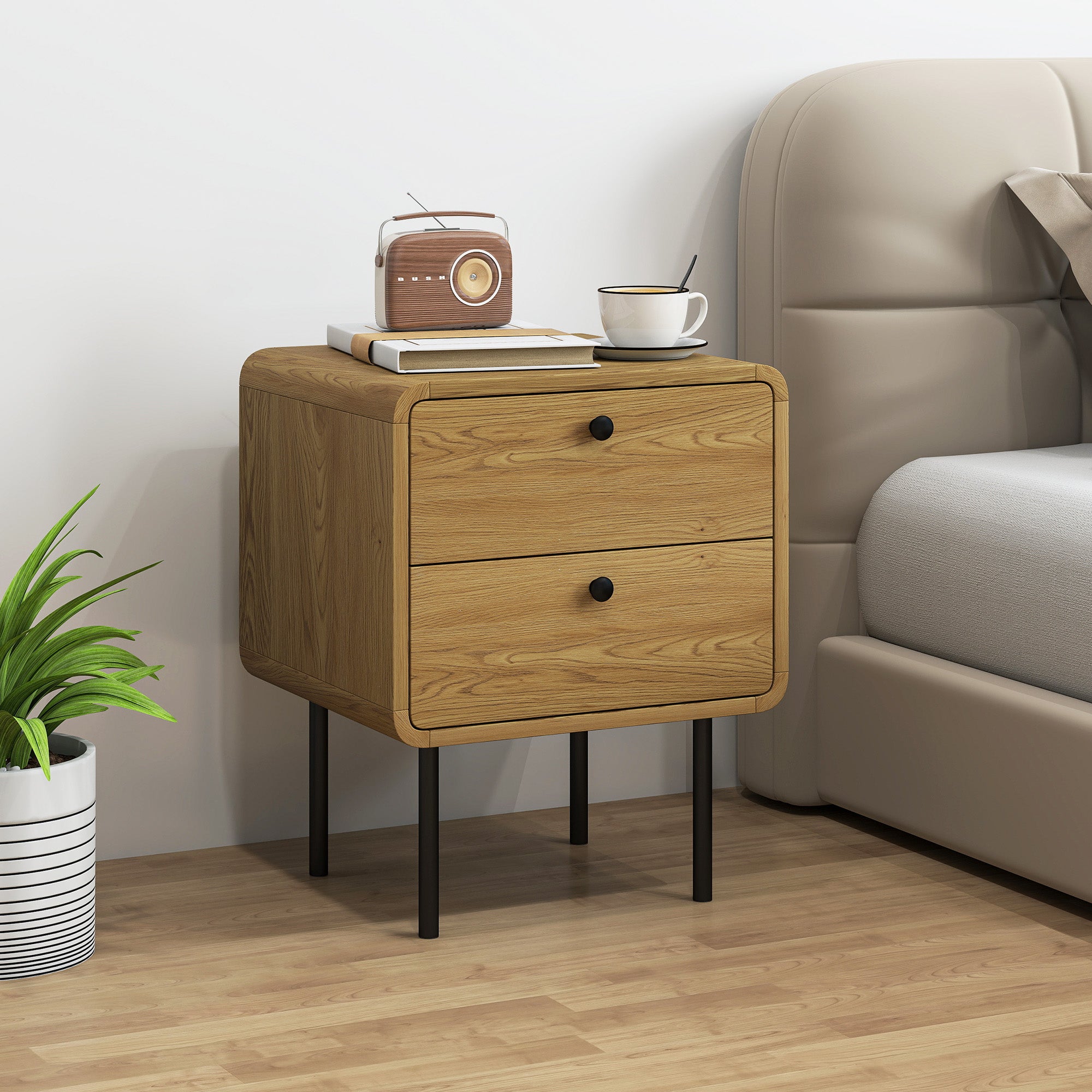 Kozy Bedside Table with 2 Drawers and Steel Legs - Oak