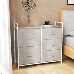 Kozy 5 Drawer Linen Basket Storage Unit Home Organisation w/ Shelf Handles Metal Frame Adjustable Feet Hallway Home Dresser Grey