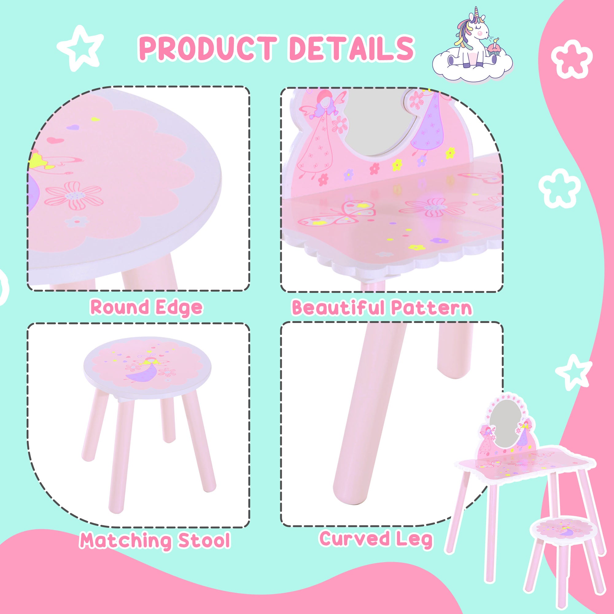 Kozy Kids Dressing Table Girls Pink Wooden Kids Dressing Table & Stool Make Up Desk Chair Toys Fairy Dresser Play Set w/Mirror