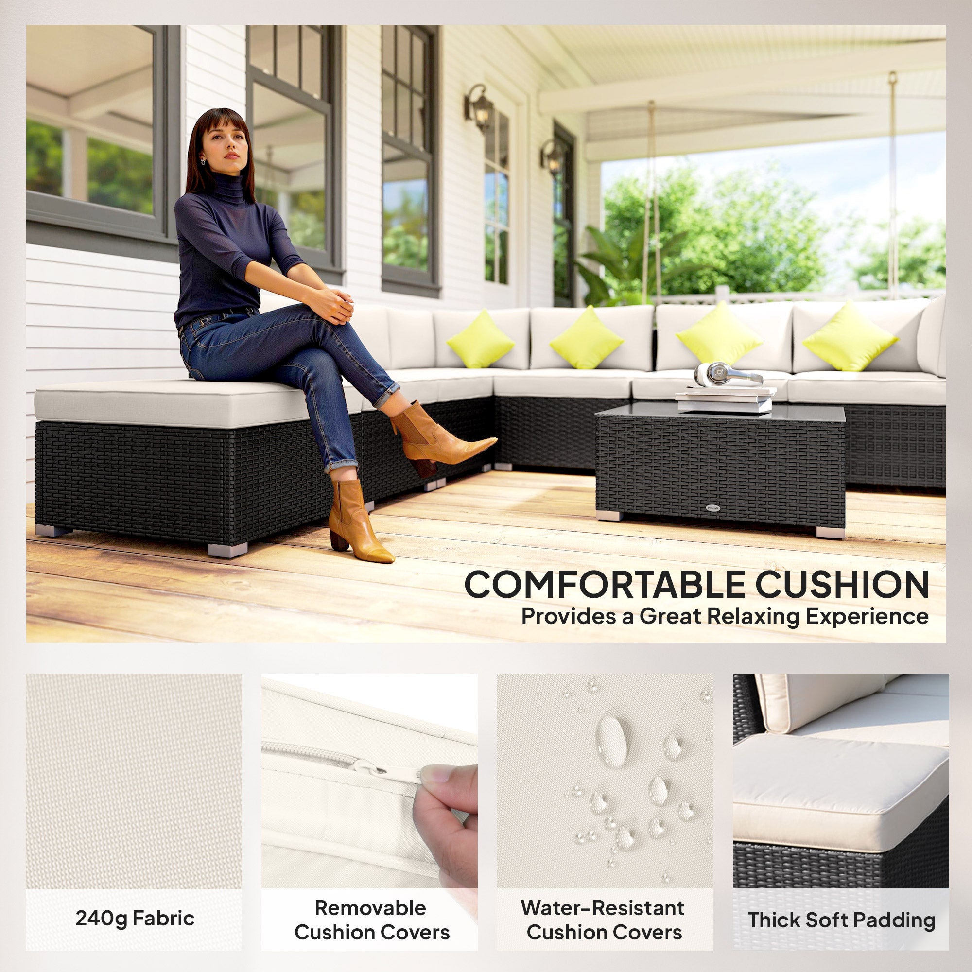 Kozy 8 Piece Rattan Corner Sofa Set with Wide & Deep Seat, Assembled Aluminium PE Rattan Garden Furniture Set with Thick Cushions and Glass Top Table for Outdoor, Conservatory, Black