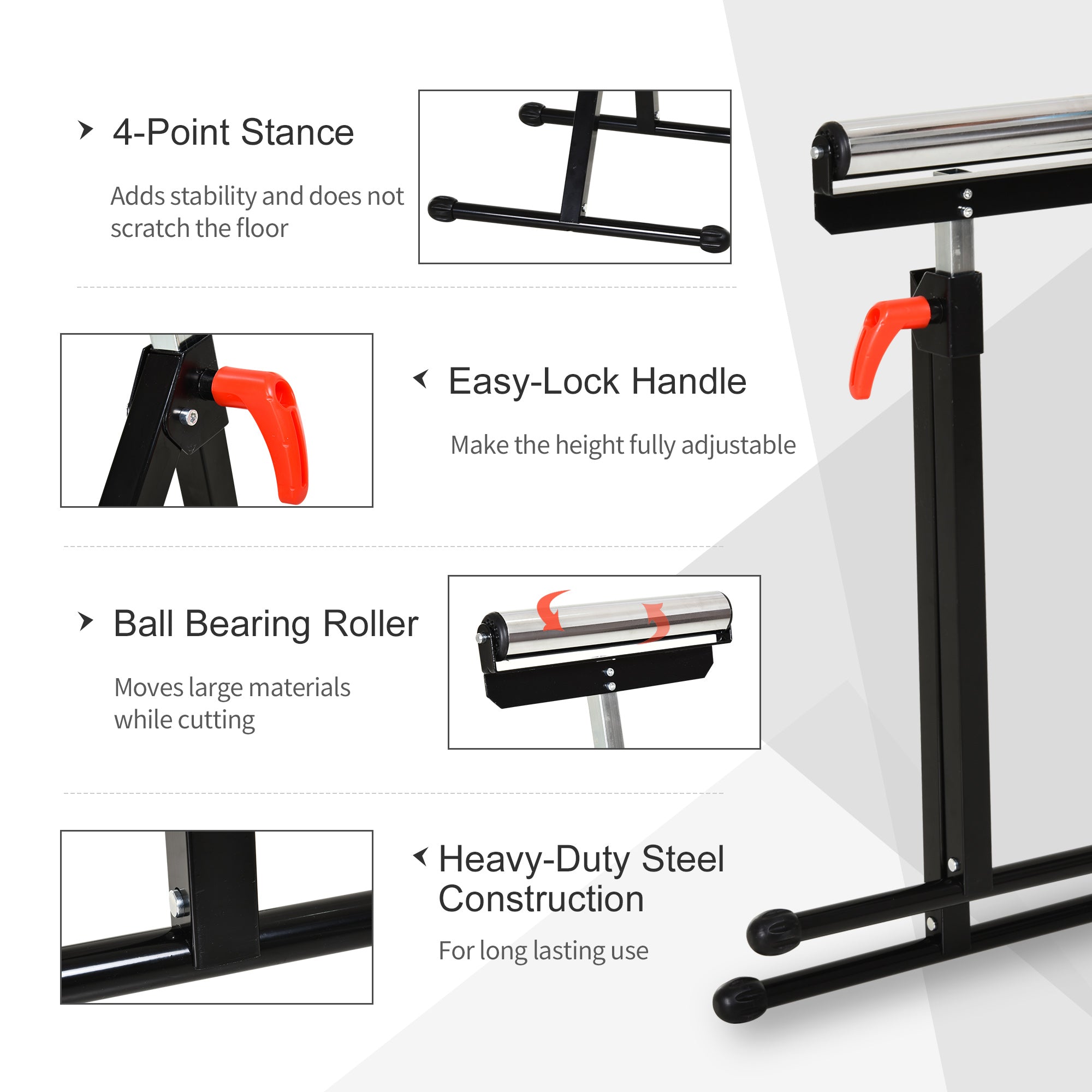 Kozy Folding Roller Stand, Material Support Pedestal with Ball Bearing Roller Height Adjustable Portable, Metal Construction, Black