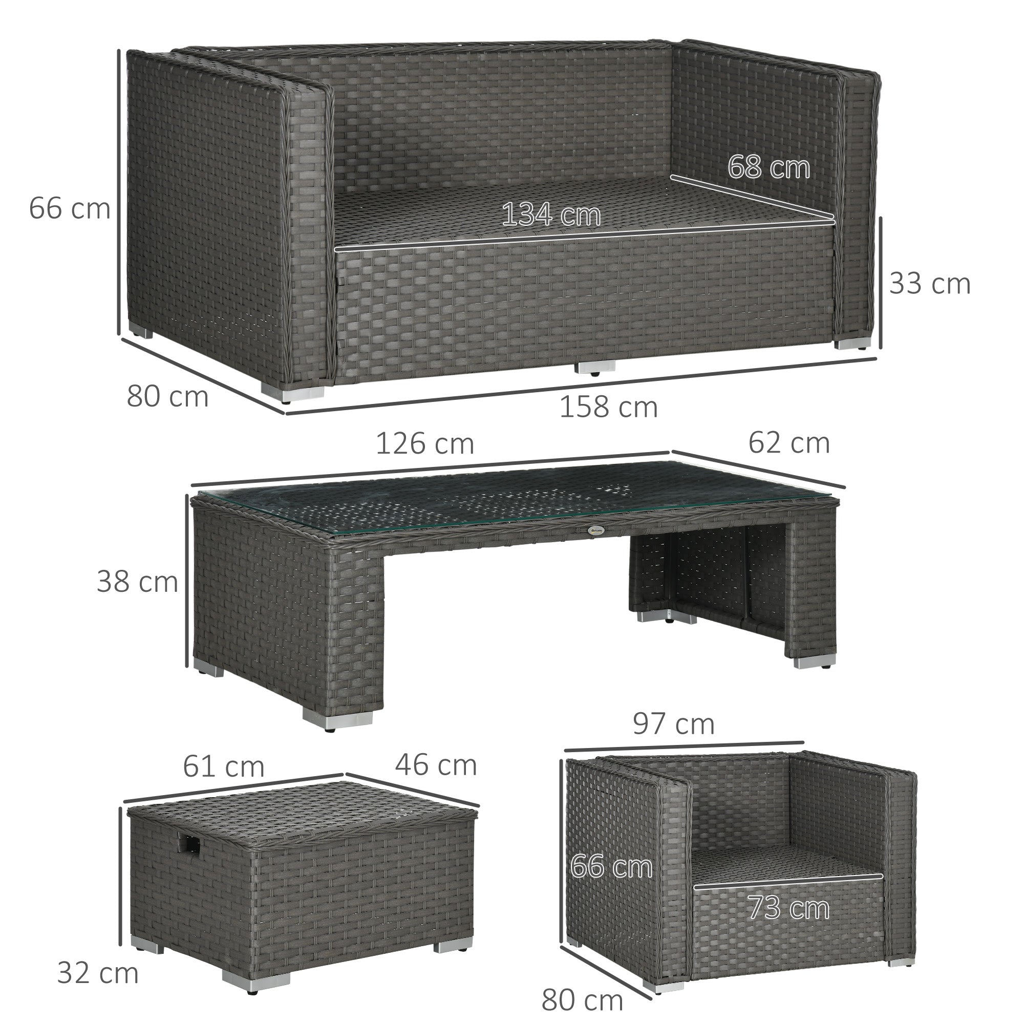 Kozy 6PC Garden Rattan Sofa Set Bonzer Outdoor Furniture Patio Table Loveseat Stool Lounging Ottoman Aluminium Frame Wicker Weave Conservatory Grey