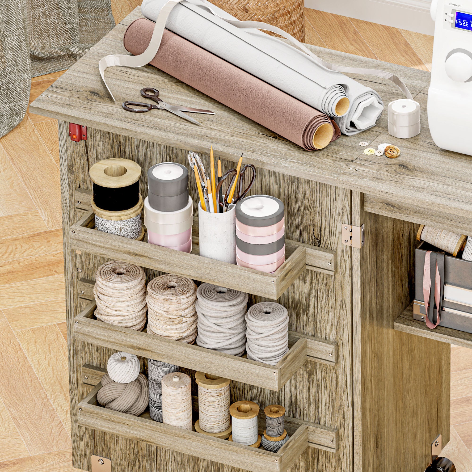 Kozy Folding Sewing Table, Drop Leaf Craft Table with Storage Bins, Open Shelf and Wheels, Rolling Sewing Machine Cabinet Computer Desk for Small Space, Grey