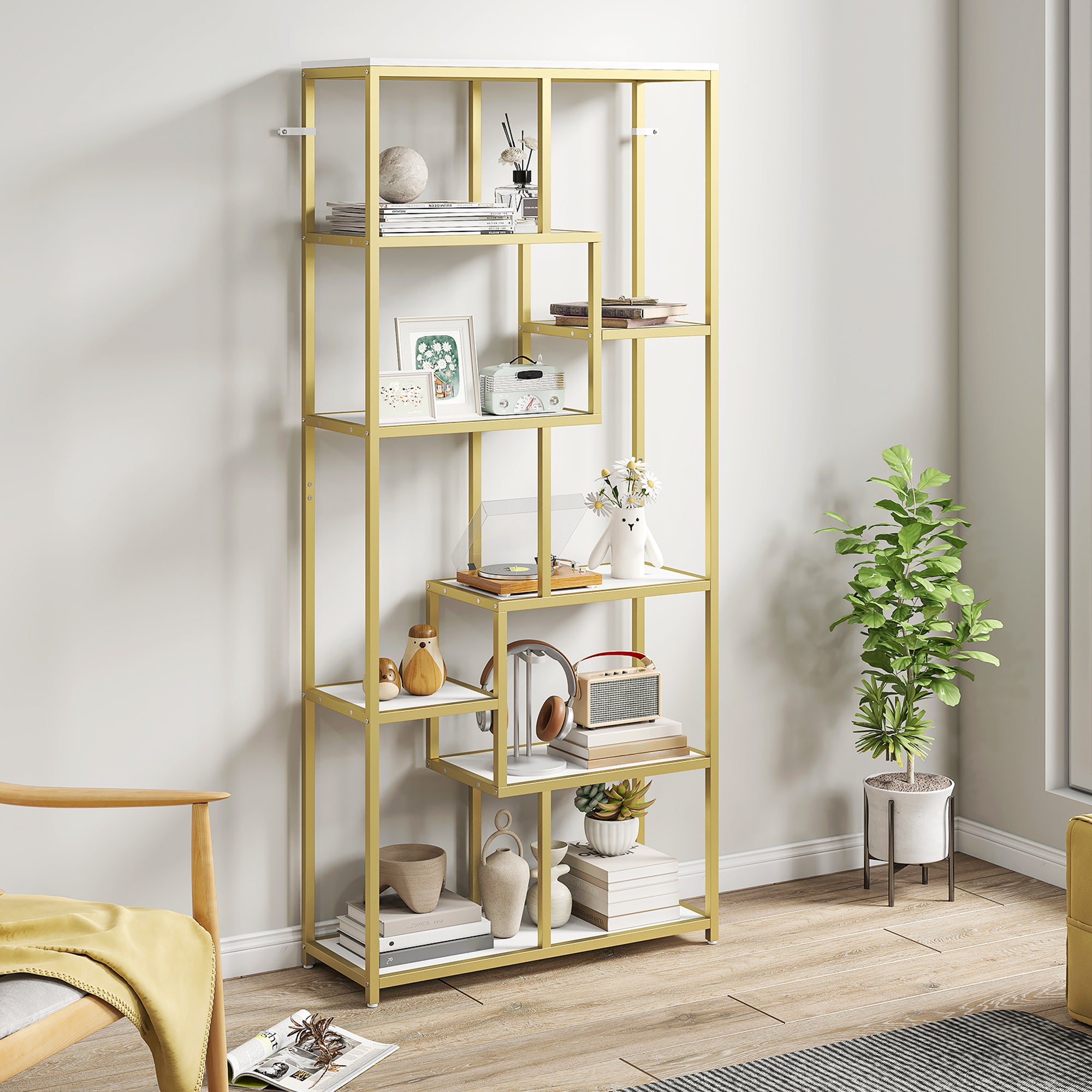 Kozy Seven-Tier Geometric Bookcase - White/Gold Tone