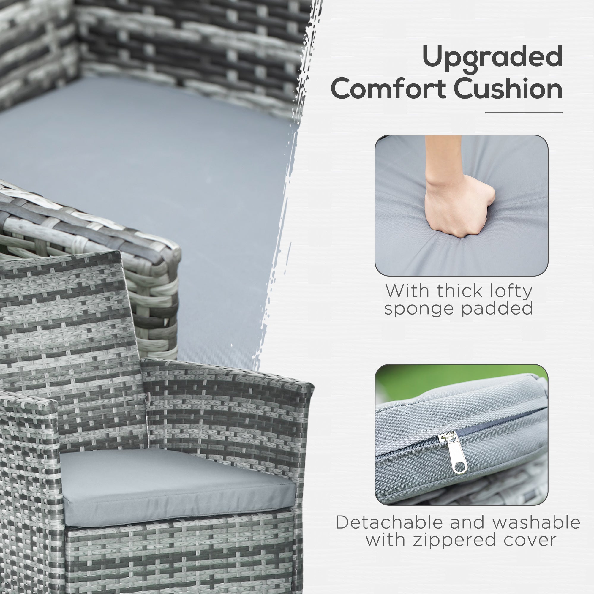 Kozy 7-Piece Rattan Garden Furniture Set with Cushions, 6 Seater Garden Table and Chairs, Rattan Dining Set with 6 Armchairs, Rectangular Glass Top Table, Grey