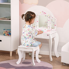 Kozy Kids Vanity Table and Chair Set with Tri-Folding Mirror and Stool, Makeup Dressing Table with Drawer, White