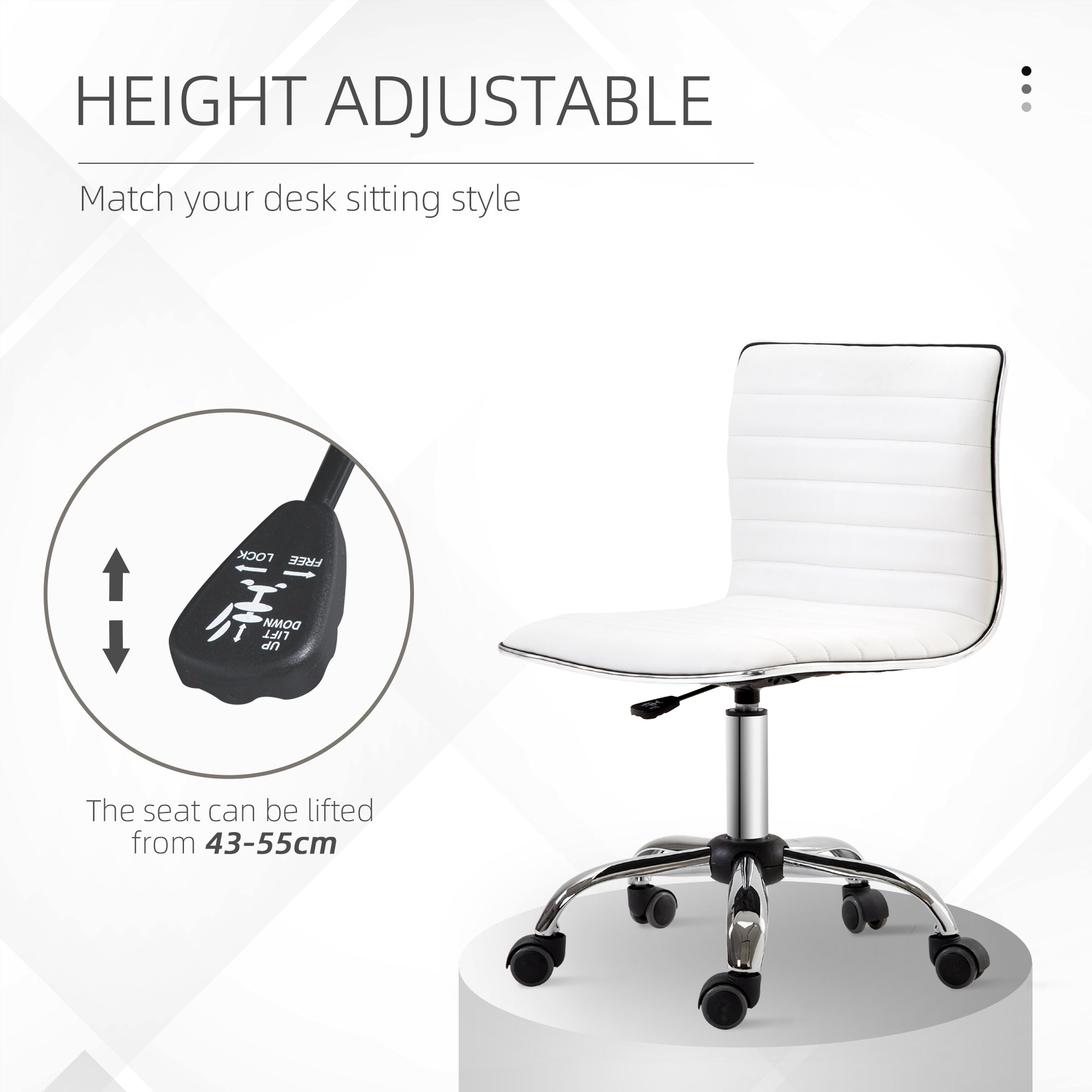 Kozy Adjustable Swivel Office Chair with Armless Mid-Back in PU Leather and Chrome Base - White