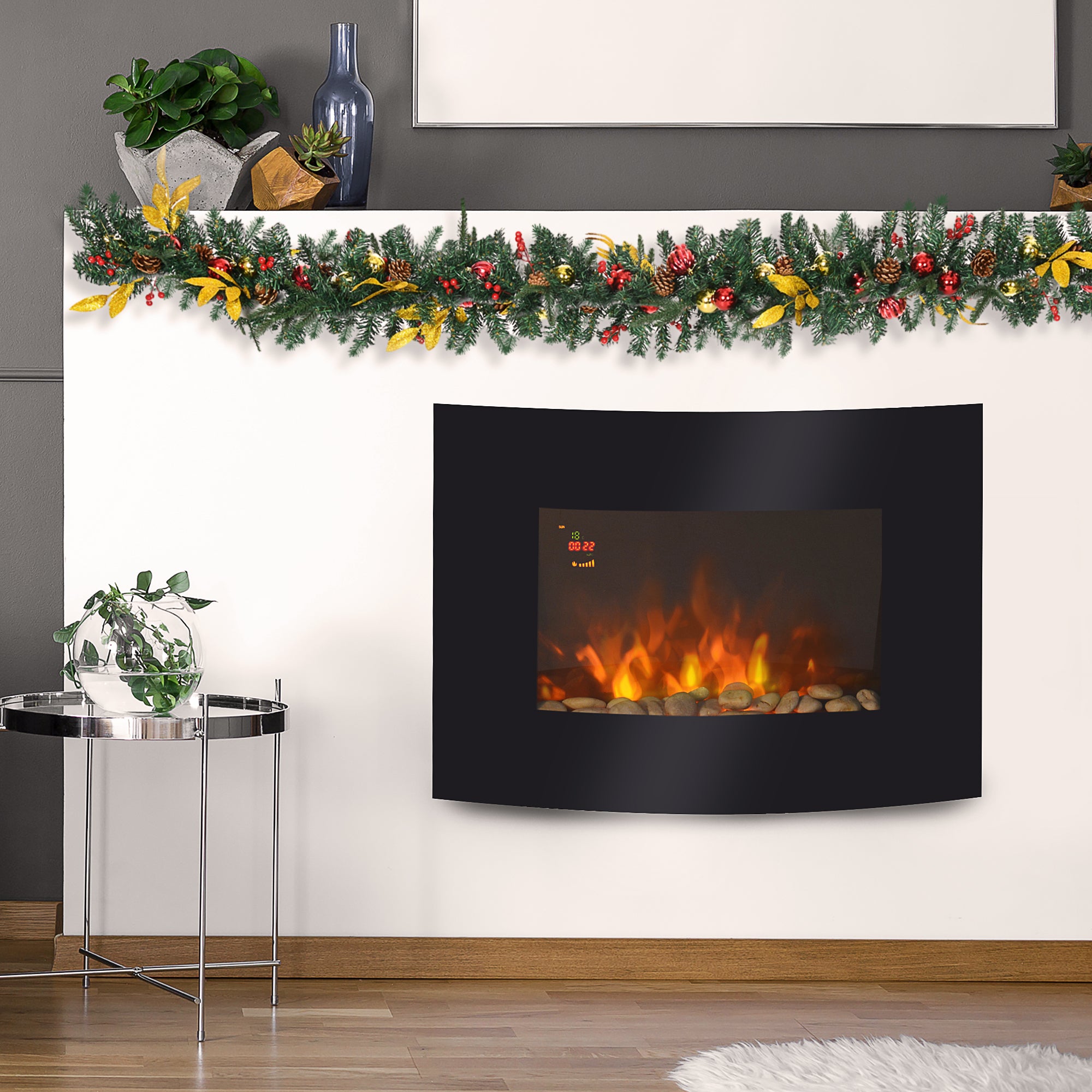 Kozy - Led Wall Mounted Fireplace Curved Glass Electric Fire Place Fire Place 7 Colour Side Lights Slimline, 900/1800W, 65cm x 52cm