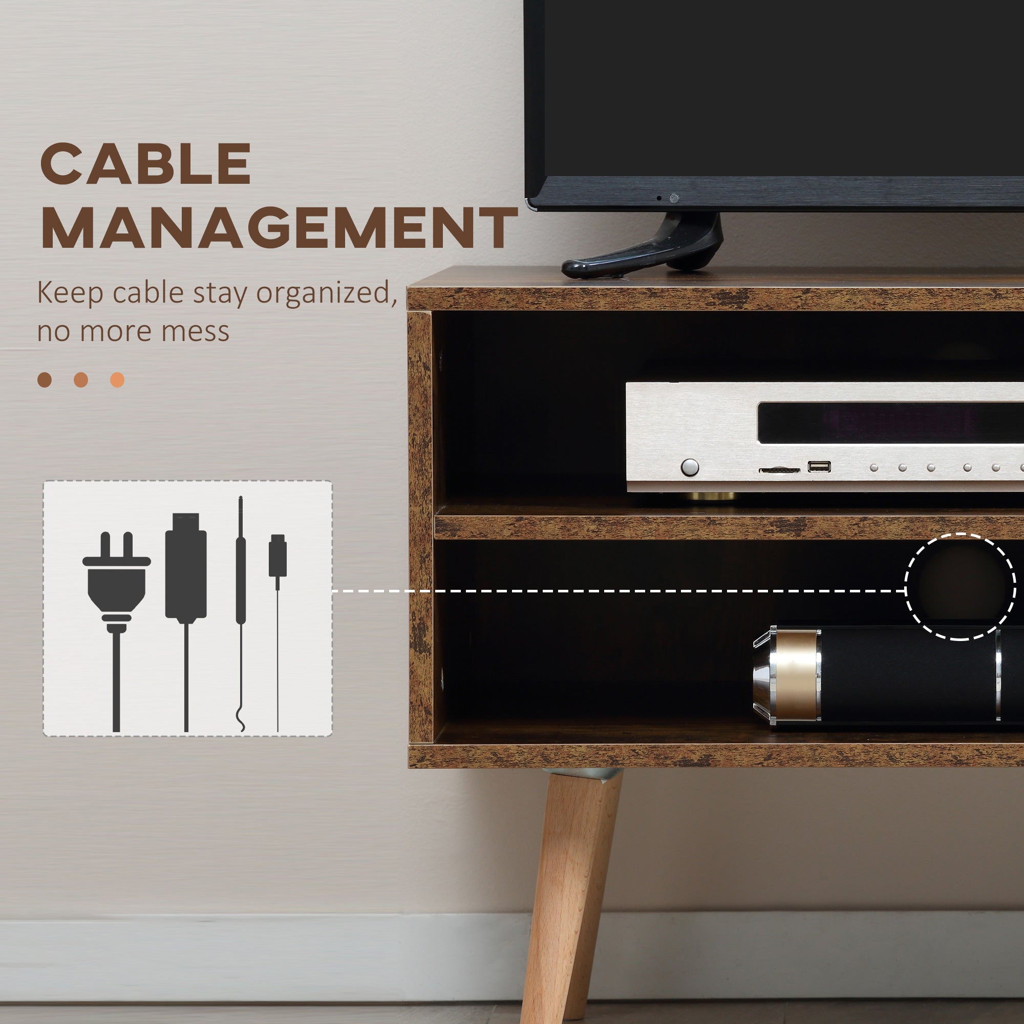 Kozy TV Stand Cabinet up to 55 Inches, TV Unit with Single Door and Open Shelves, Cable Holes for Living Room, Bedroom, Brown