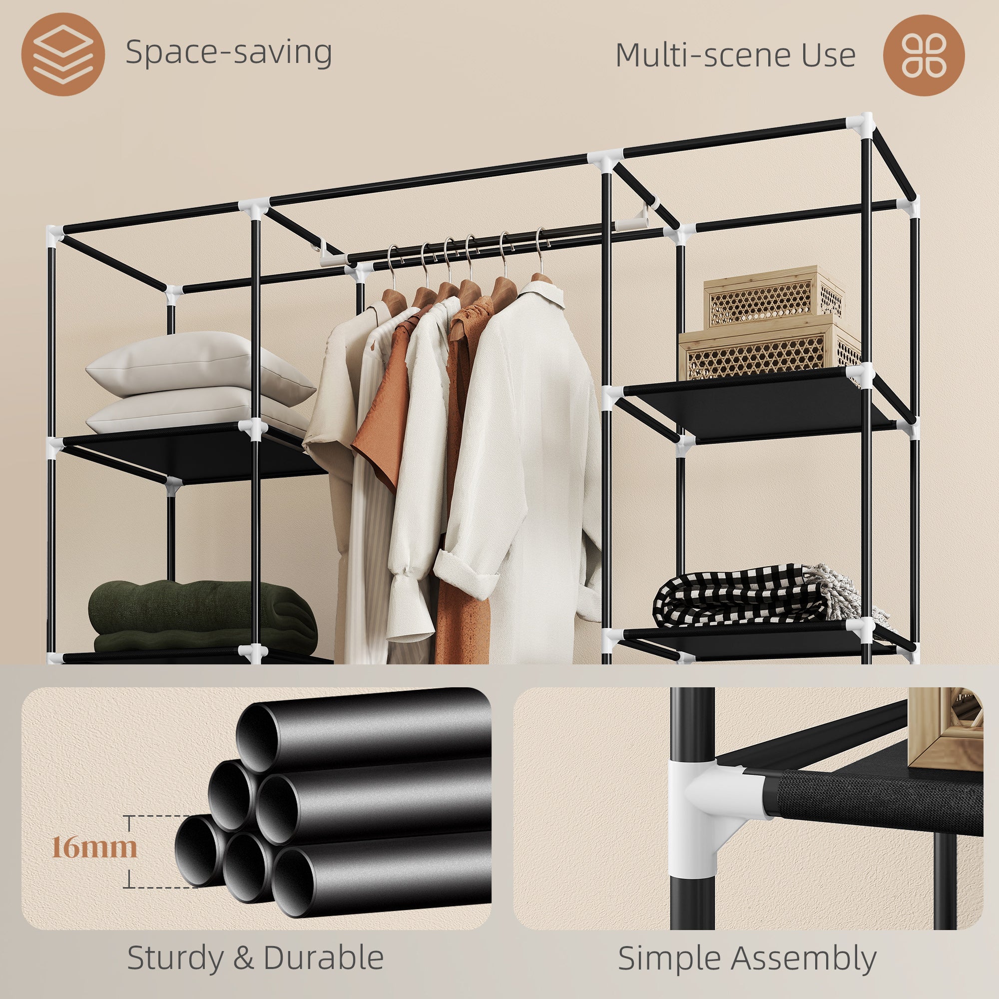 Kozy Portable Wardrobe, Foldable Fabric Wardrobe, 150 x 43 x 162.5cm, Clothes Storage Organiser with Hanging Rail, Shelves, Fabric Cover for Bedroom, Black