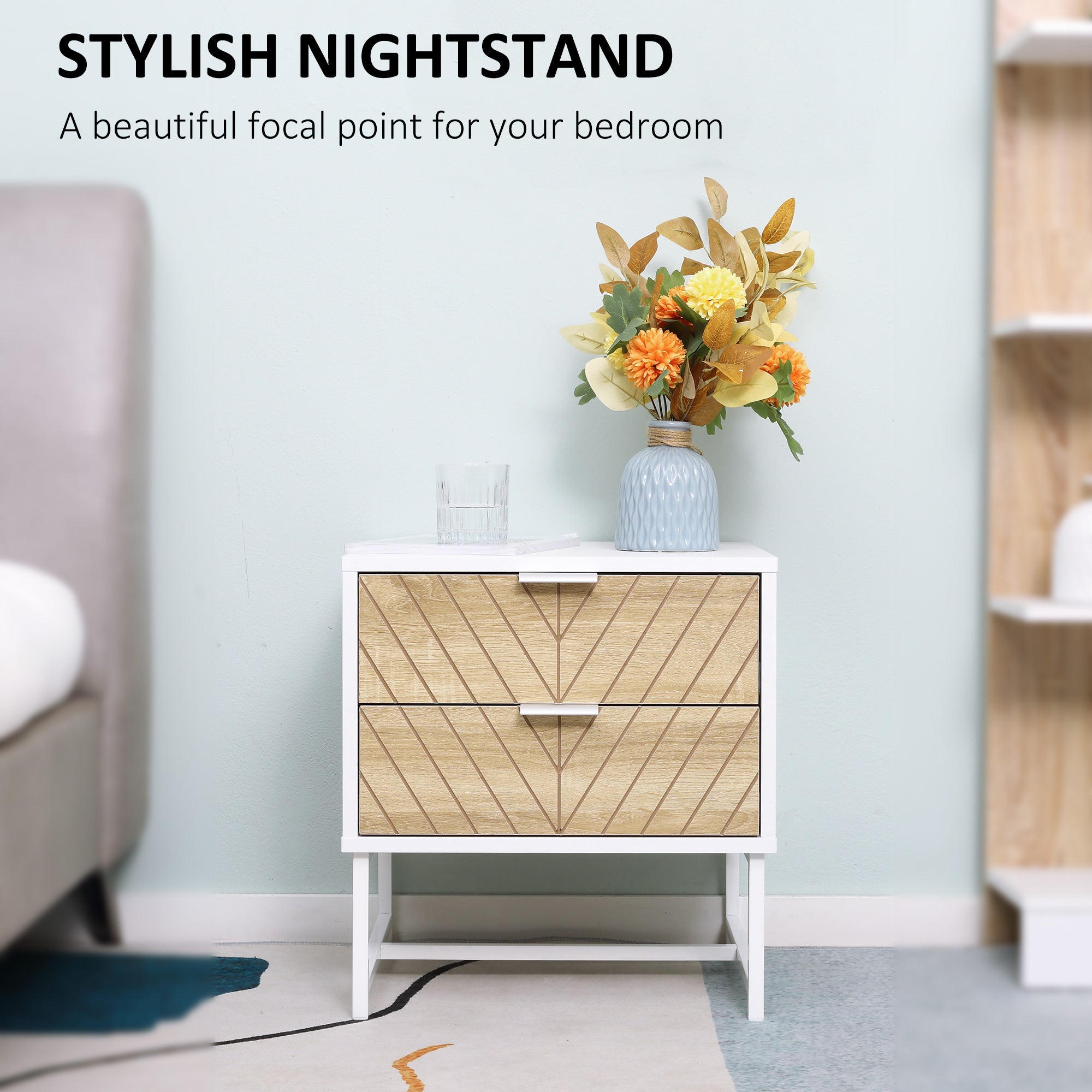 Kozy Modern Bedside Table with 2 Drawers and Metal Frame, Sofa Side Table for Bedroom Living Room, White and Oak