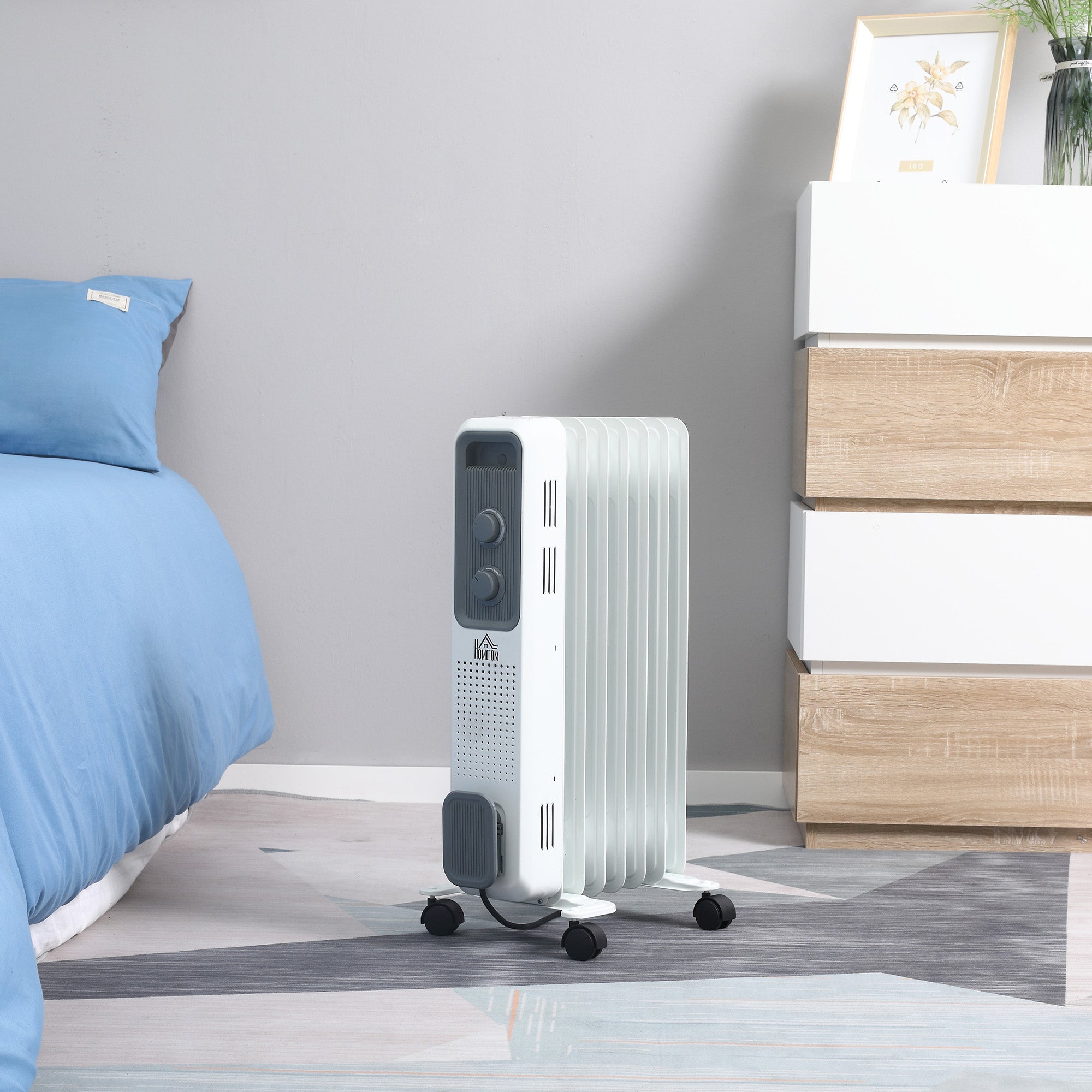 Kozy 1500W Oil Filled Radiator, 7 Fin, Portable Electric Heater with 3 Heat Settings, Safety Cut-Off and Wheels, White