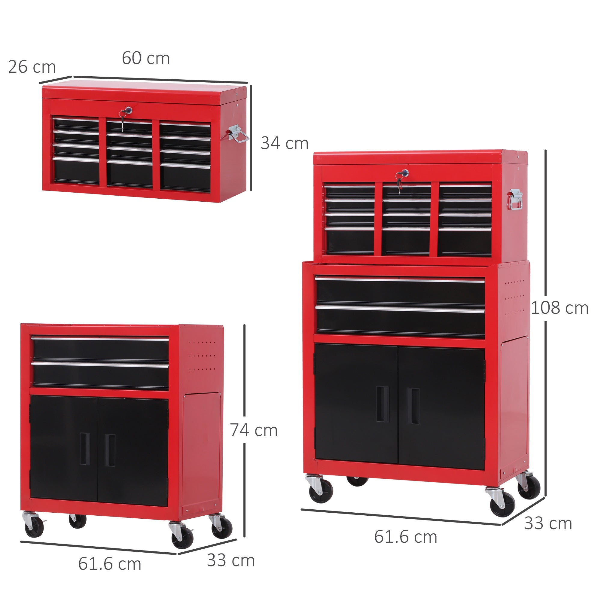 HOMCOM Tool Chest, Metal Tool Cabinet on Wheels with 6 Drawers, Pegboard, Top Chest and Roller Cabinet Combo, 61.6 x 33 x 108cm, Red