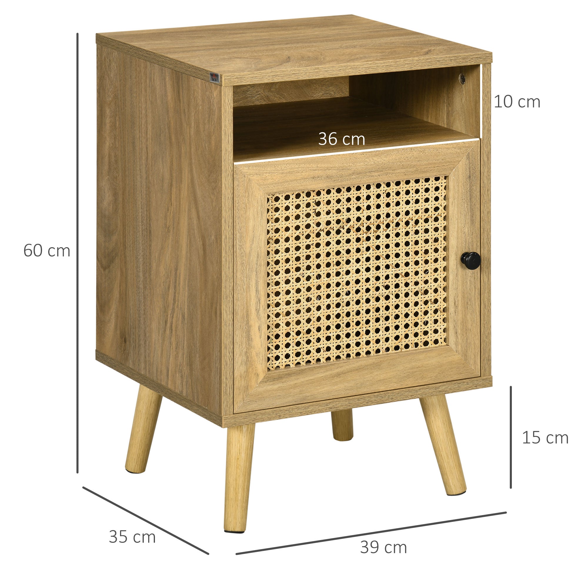 Kozy Bedside Table with Rattan Element, Side End Table with Shelf and Cupboard, 39cmx35cmx60cm, Set of 2, Natural