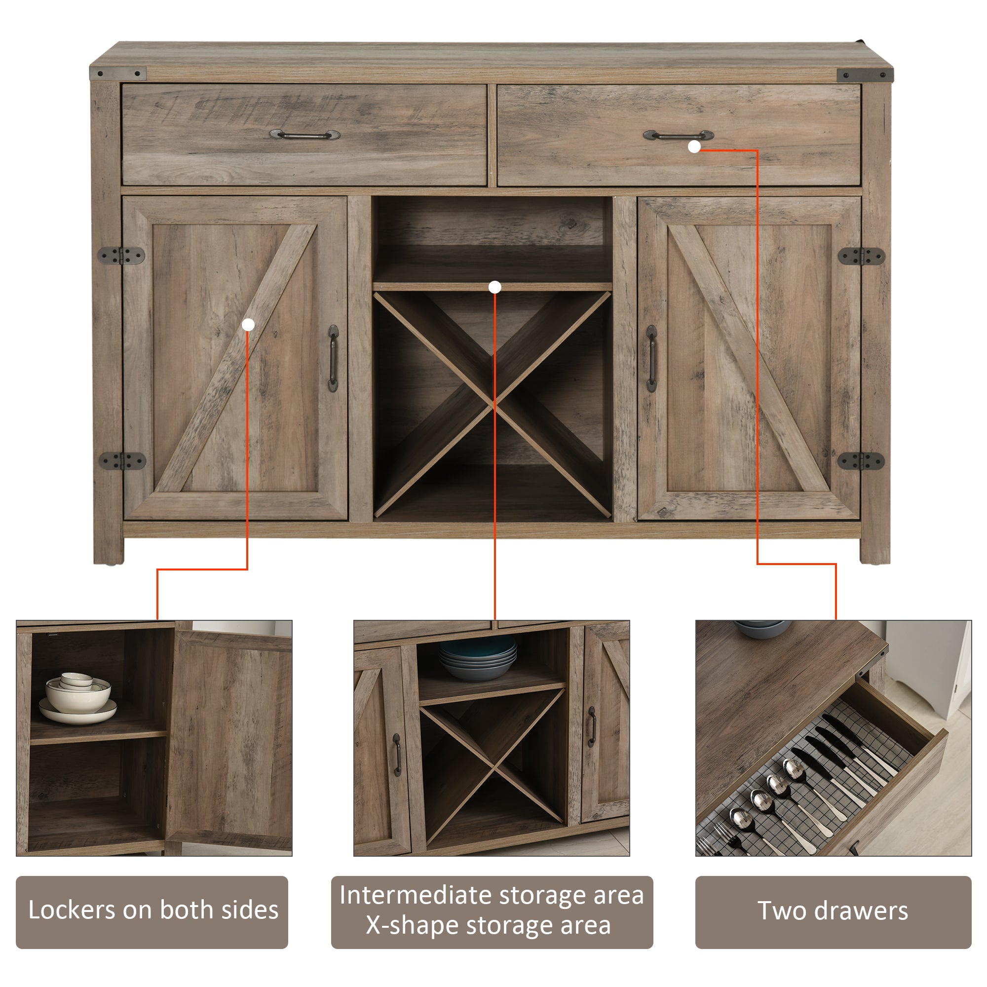 HOMCOM Freestanding Rustic Style Side Cabinet Multi