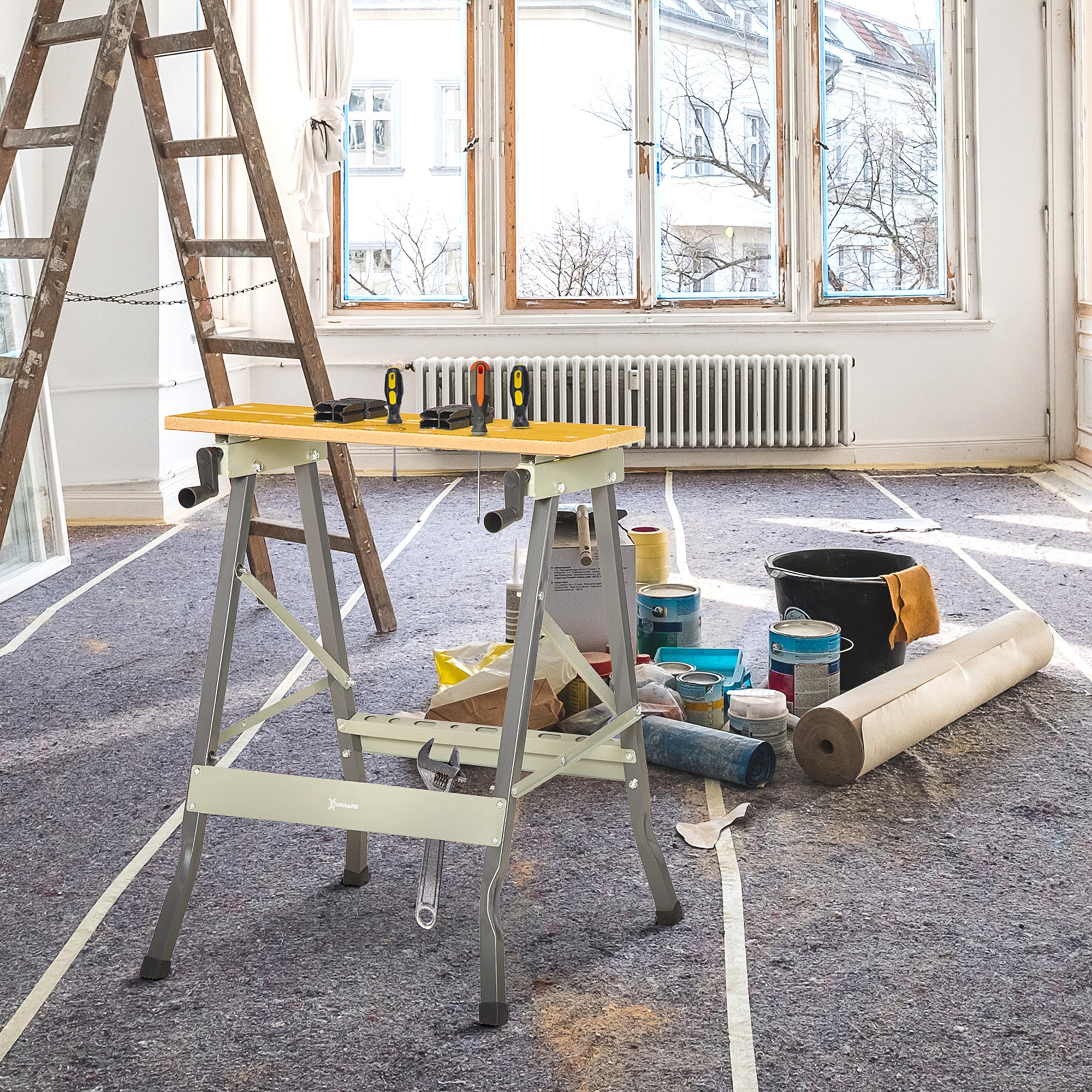 Kozy 4-in-1 Work Bench, Folding Clamp Table w/ 4 Adjustable Clamping Pegs for DIY Home Garage, Grey