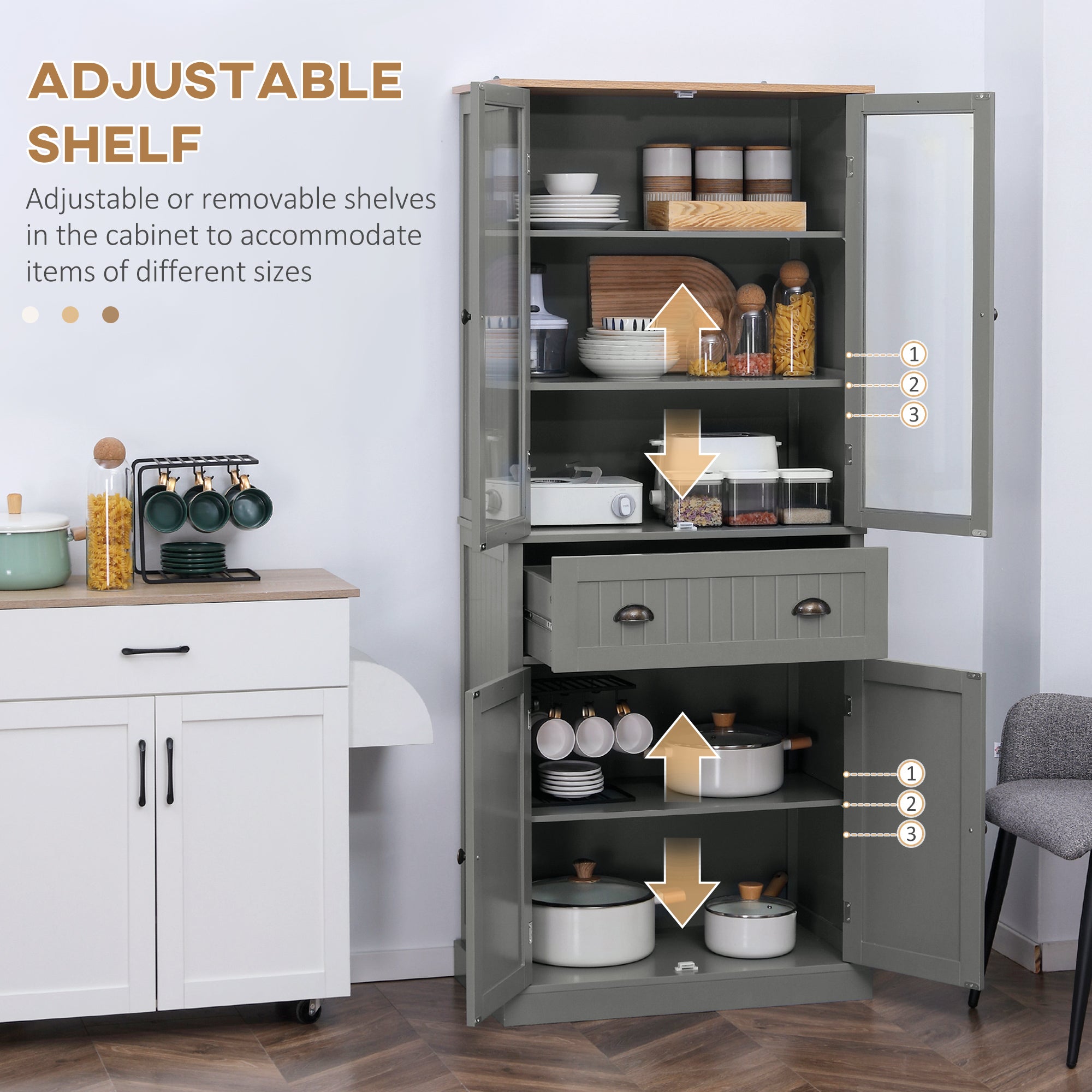 Kozy 180cm Tall Kitchen Pantry Cupboard, Freestanding Storage Cabinet with 5 Tier, Adjustable Shelves,  Drawer, Grey