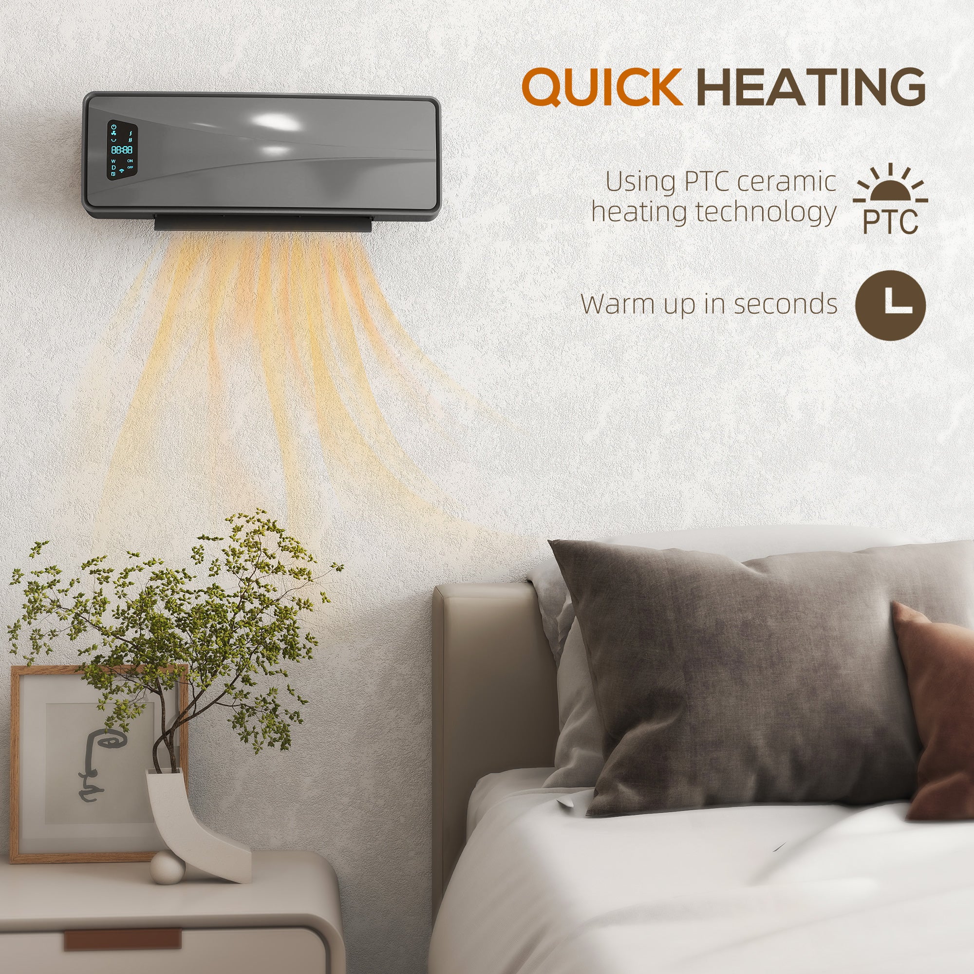 Kozy 2000W Ceramic Electric Heater with Fan, Adjustable Thermostat, Wall Mounted - Grey