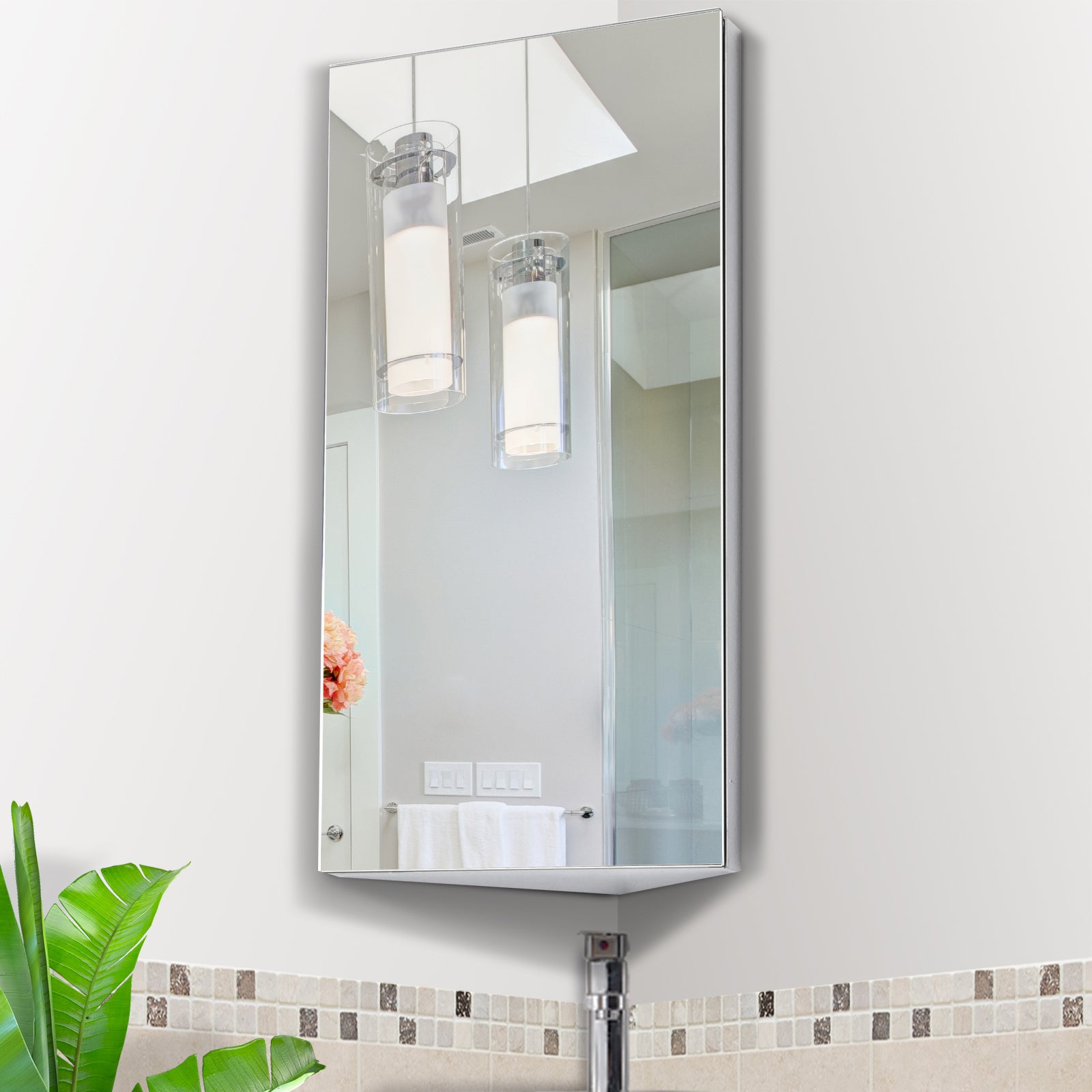 Kozy Stainless Steel Wall mounted Bathroom Corner Mirror Storage Cabinet Single Door 300mm (W)